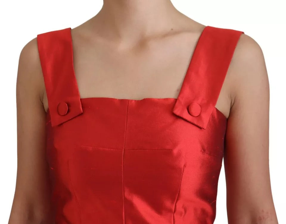 Abito midi in raso di seta plissettato rosso a trapezio