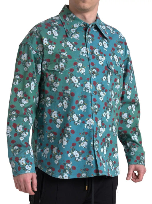 Blaues Button-Down-Jeanshemd aus Baumwolle mit Blumenmuster
