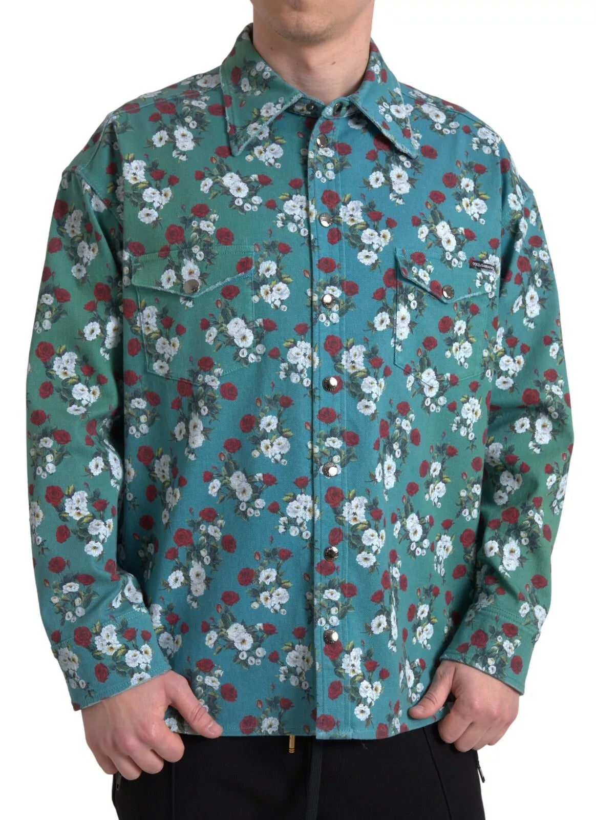 Blaues Button-Down-Jeanshemd aus Baumwolle mit Blumenmuster