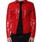 Red Polyester Button Down Collared Jacket