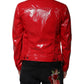 Red Polyester Button Down Collared Jacket