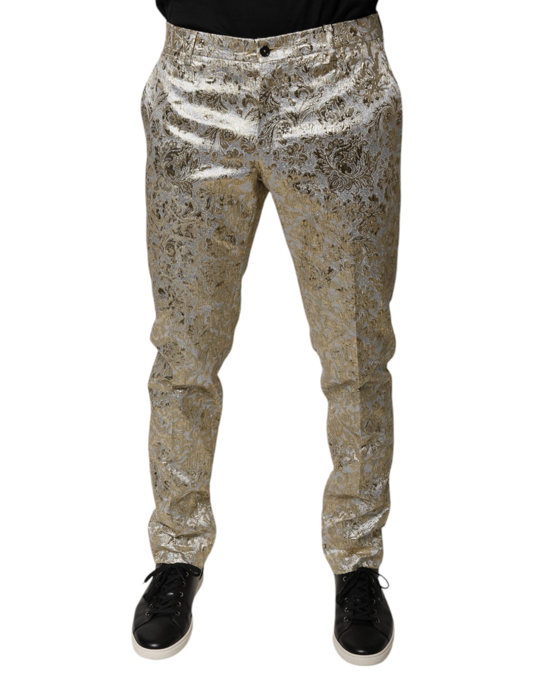 Goldfarbene Jacquard-Anzughose für Herren mit Blumenmuster