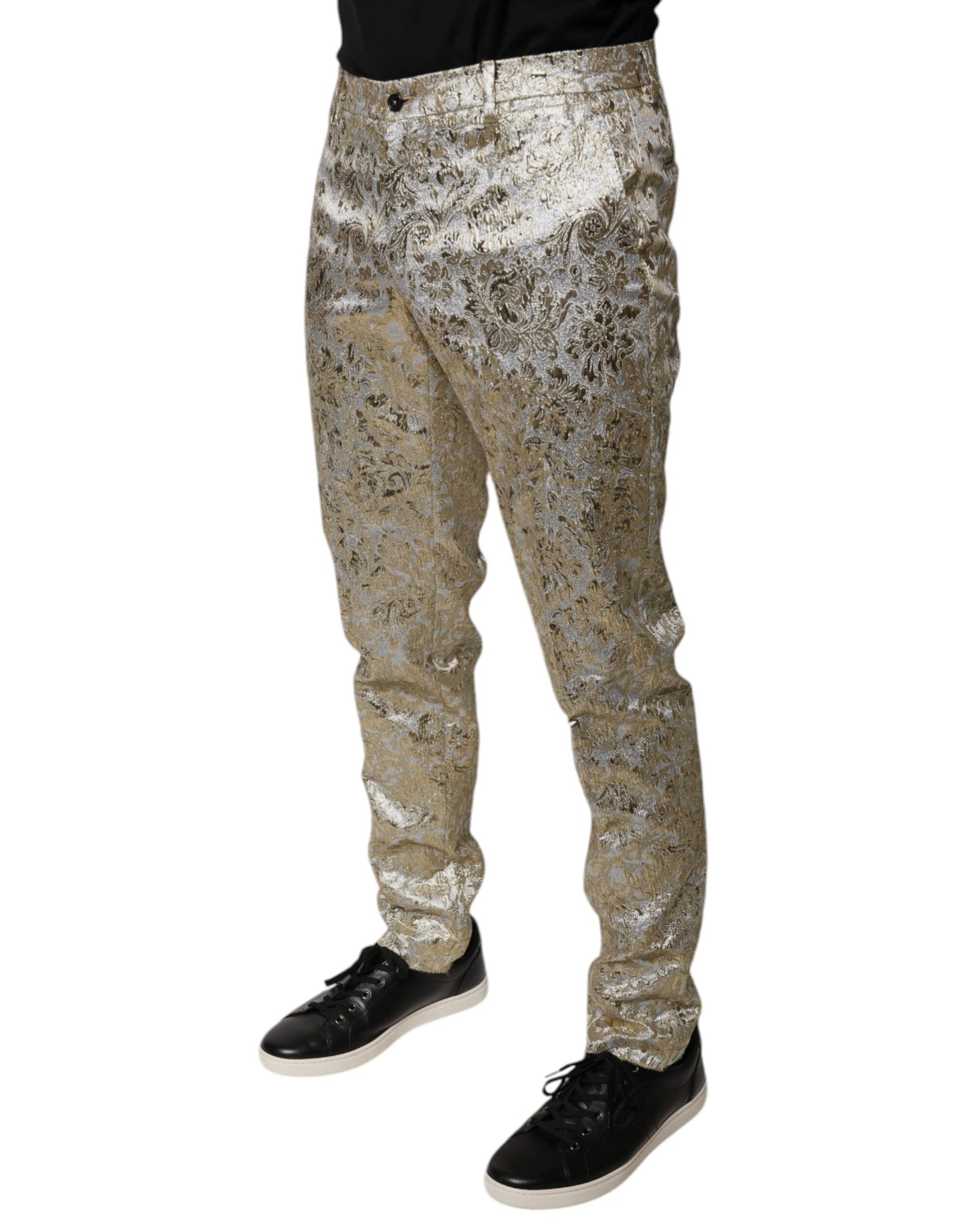 Goldfarbene Jacquard-Anzughose für Herren mit Blumenmuster