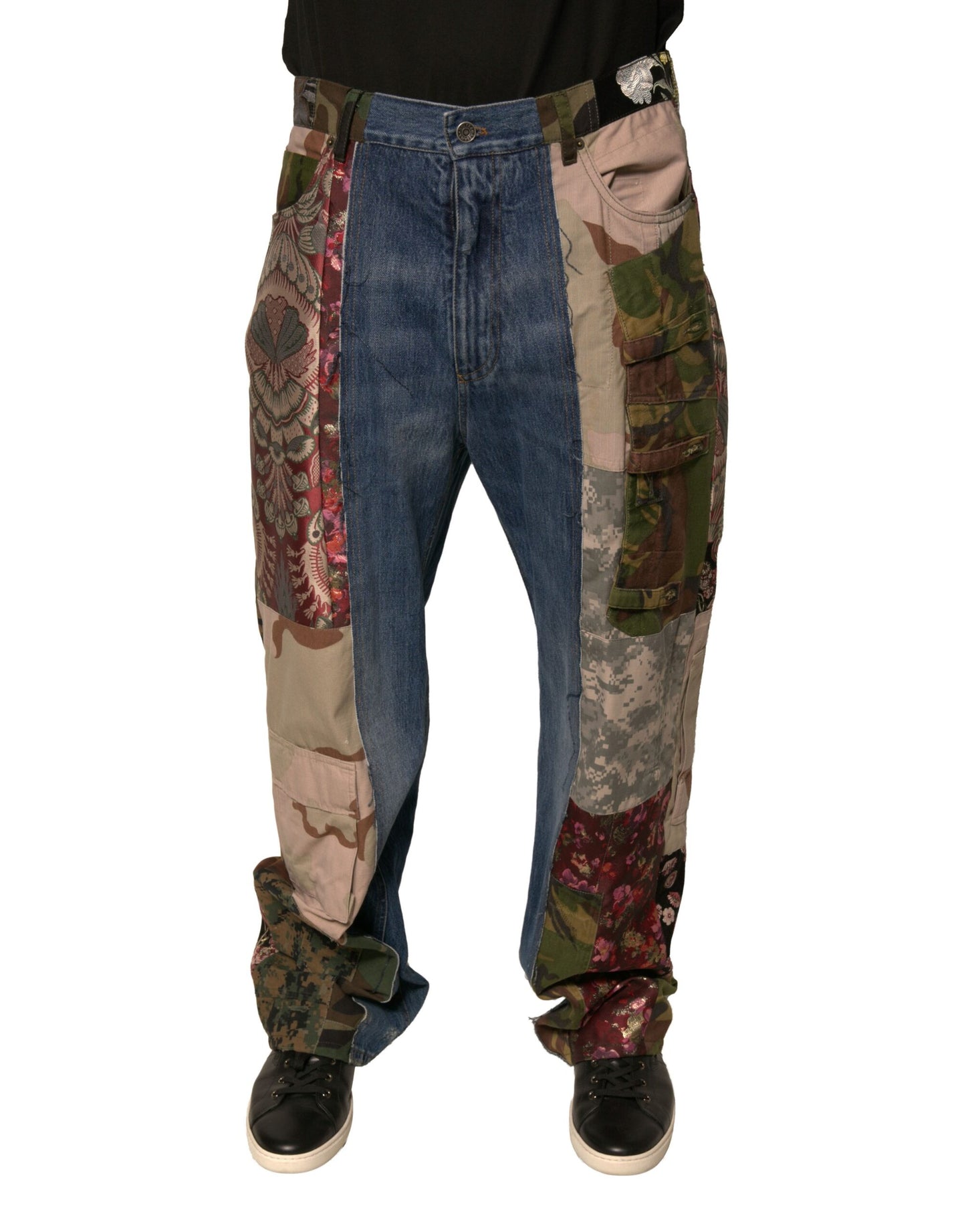 Blaue Patchwork-Jeans aus Baumwoll-Straight-Denim