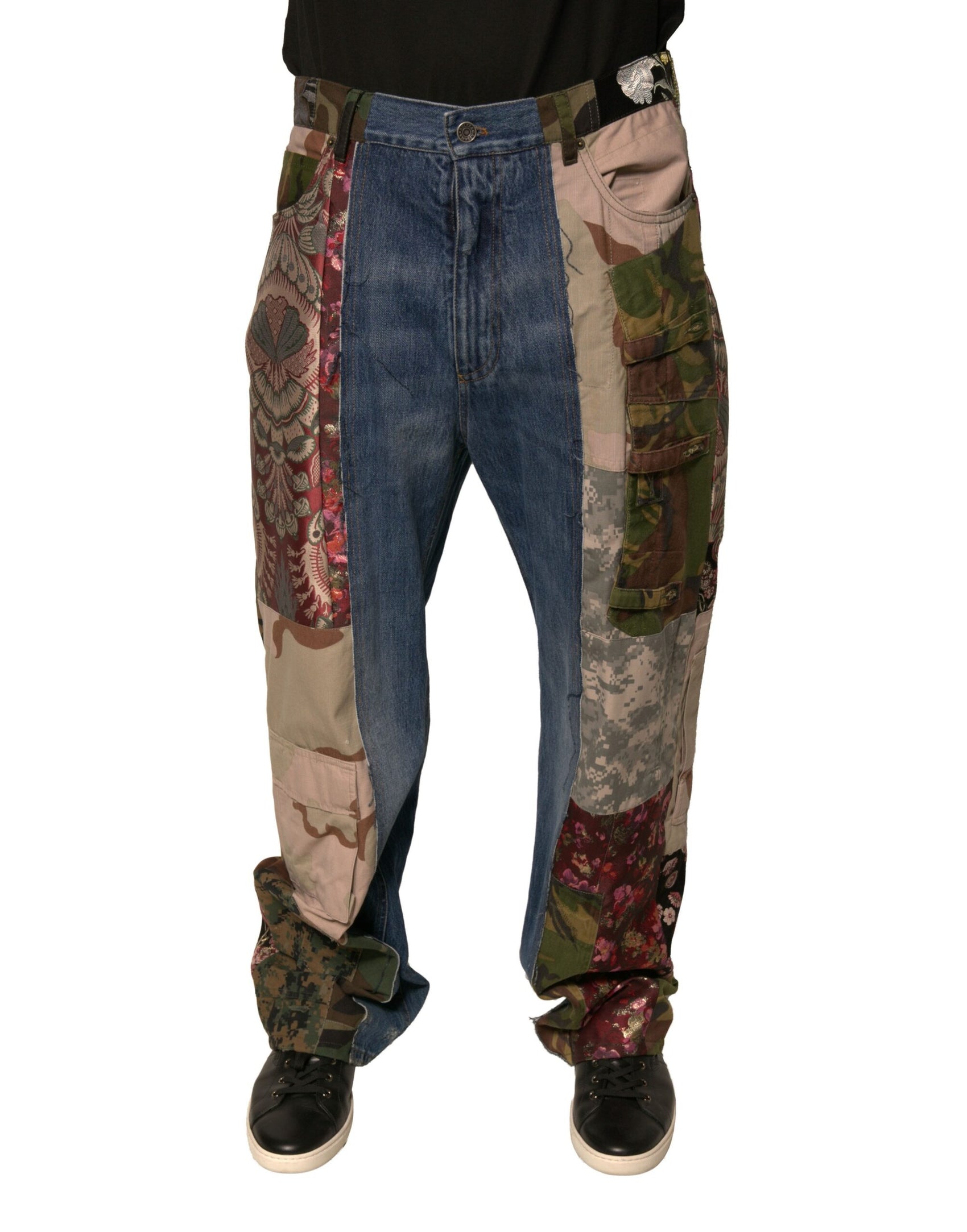 Blaue Patchwork-Jeans aus Baumwoll-Straight-Denim