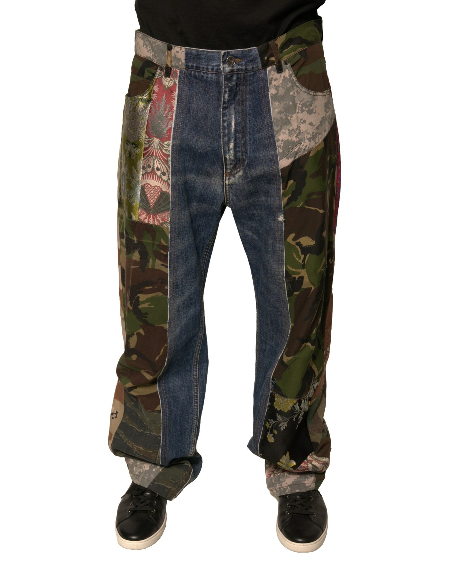 Blaue Patchwork-Jeans aus Baumwoll-Straight-Denim