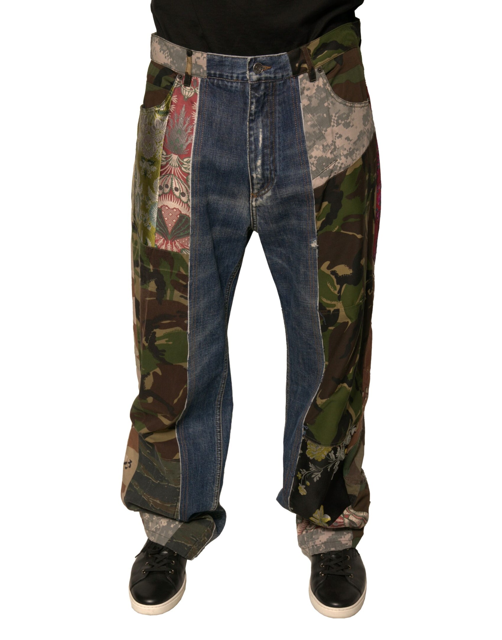 Blaue Patchwork-Jeans aus Baumwoll-Straight-Denim