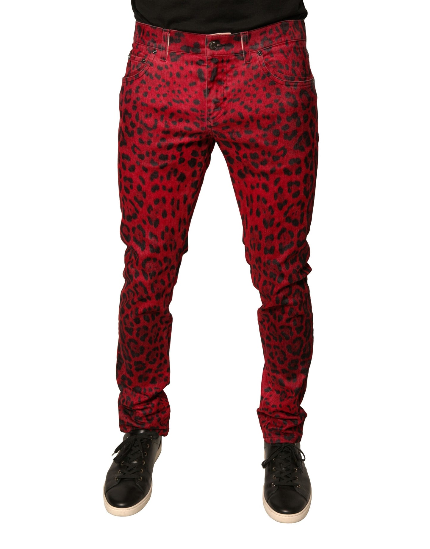 Rote Skinny-Jeans aus Baumwollstretch mit Leopardenmuster