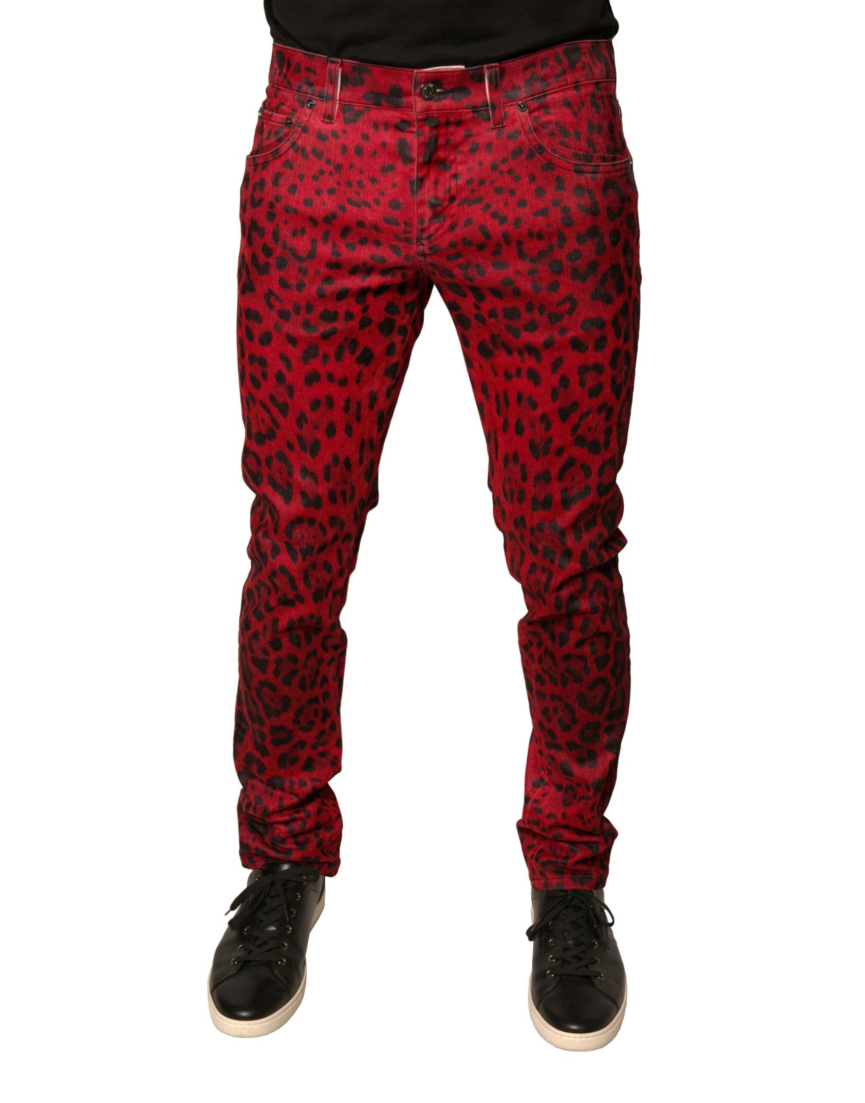 Rote Skinny-Jeans aus Baumwollstretch mit Leopardenmuster