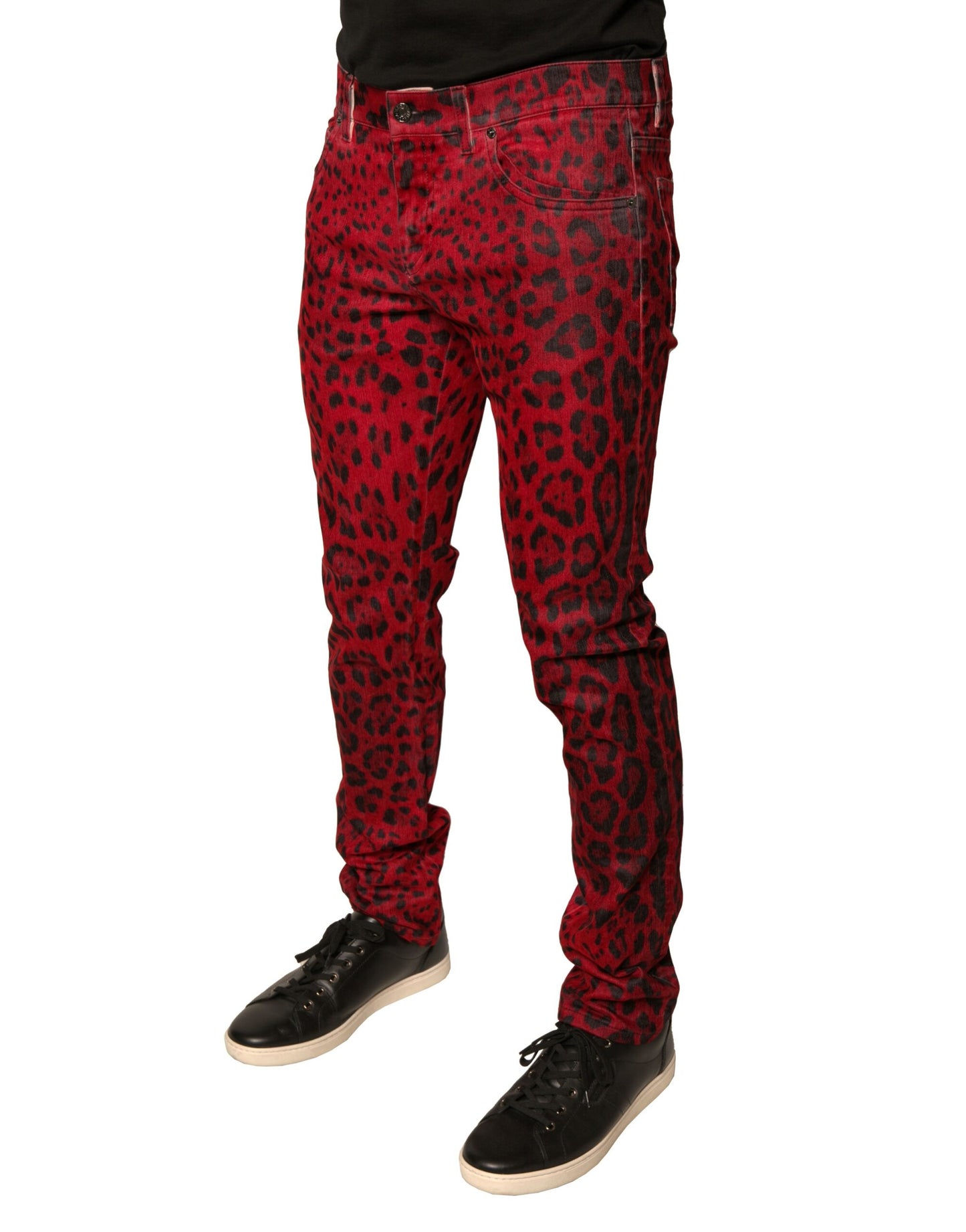 Rote Skinny-Jeans aus Baumwollstretch mit Leopardenmuster