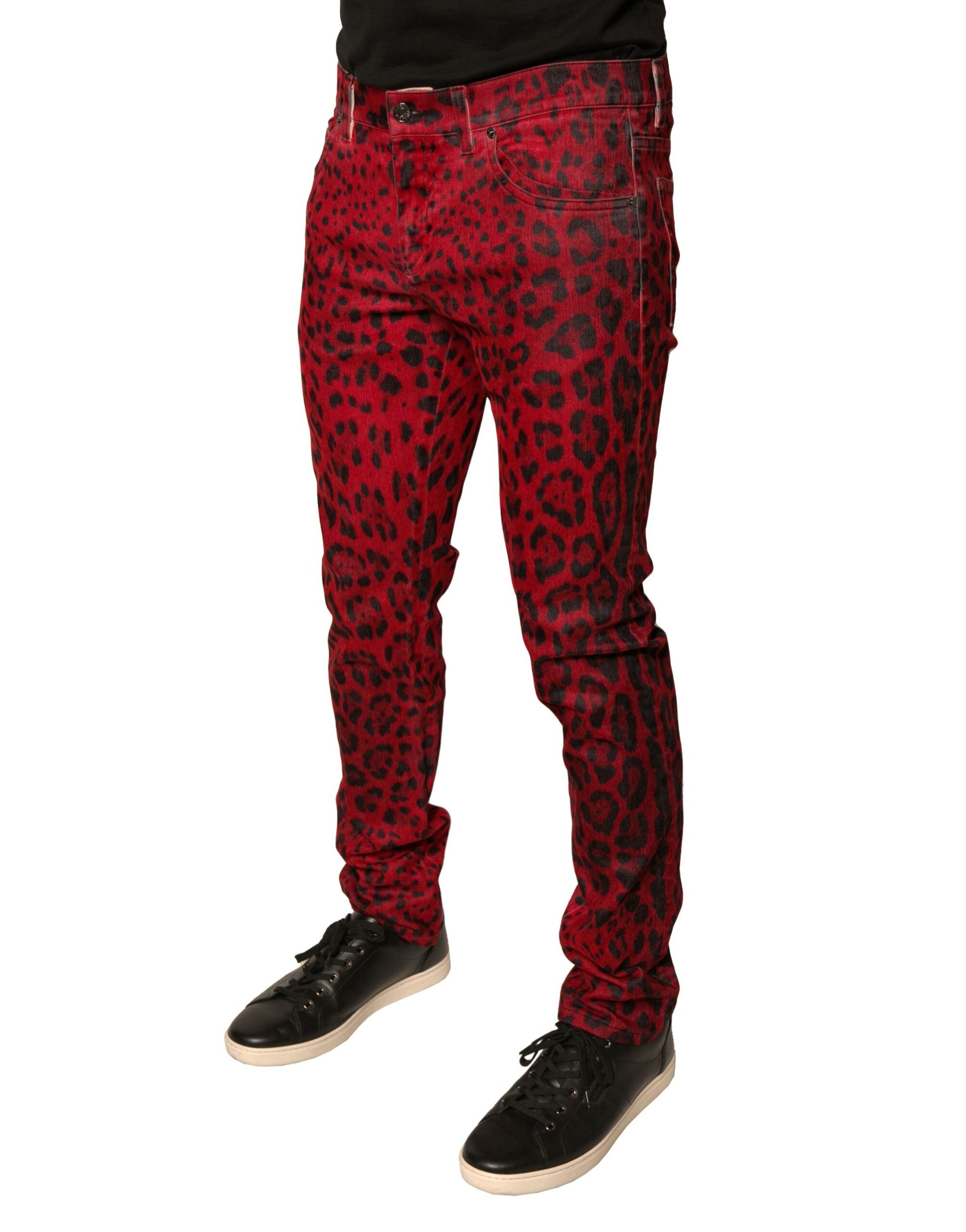 Rote Skinny-Jeans aus Baumwollstretch mit Leopardenmuster