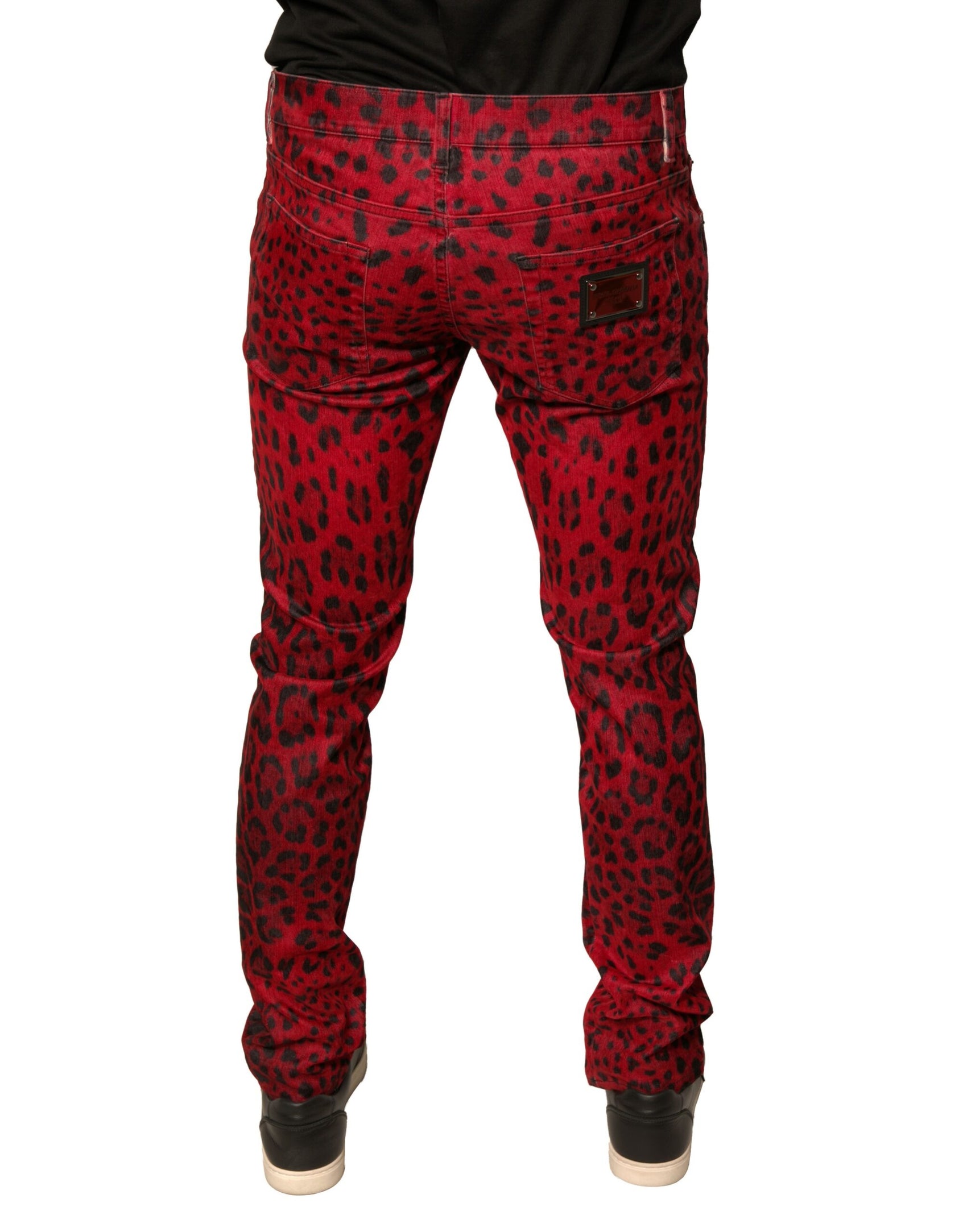 Rote Skinny-Jeans aus Baumwollstretch mit Leopardenmuster