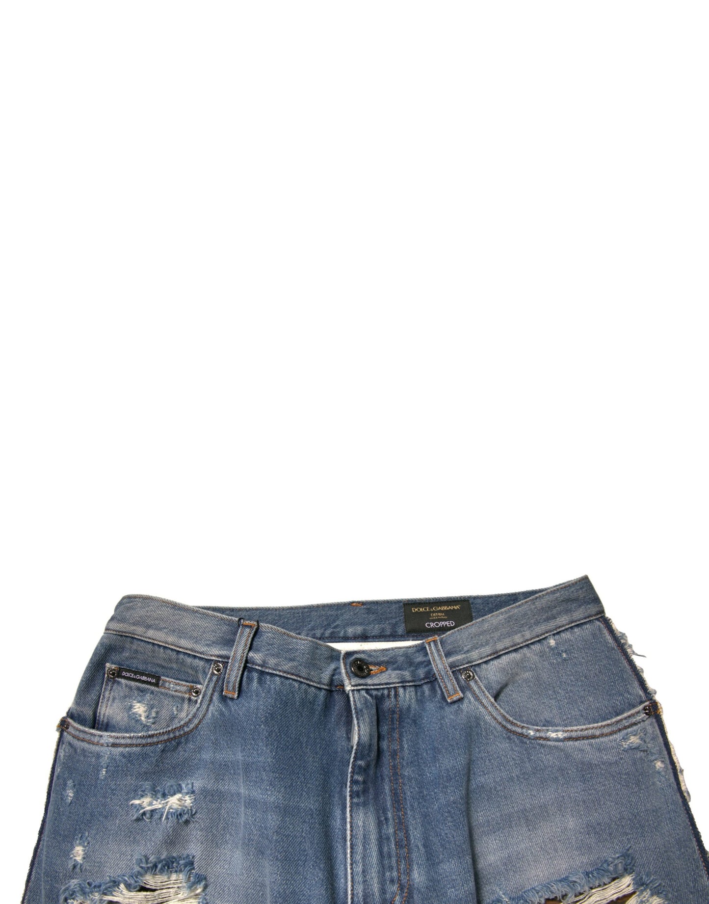 Blaue, zerfetzte, gerade geschnittene Jeans