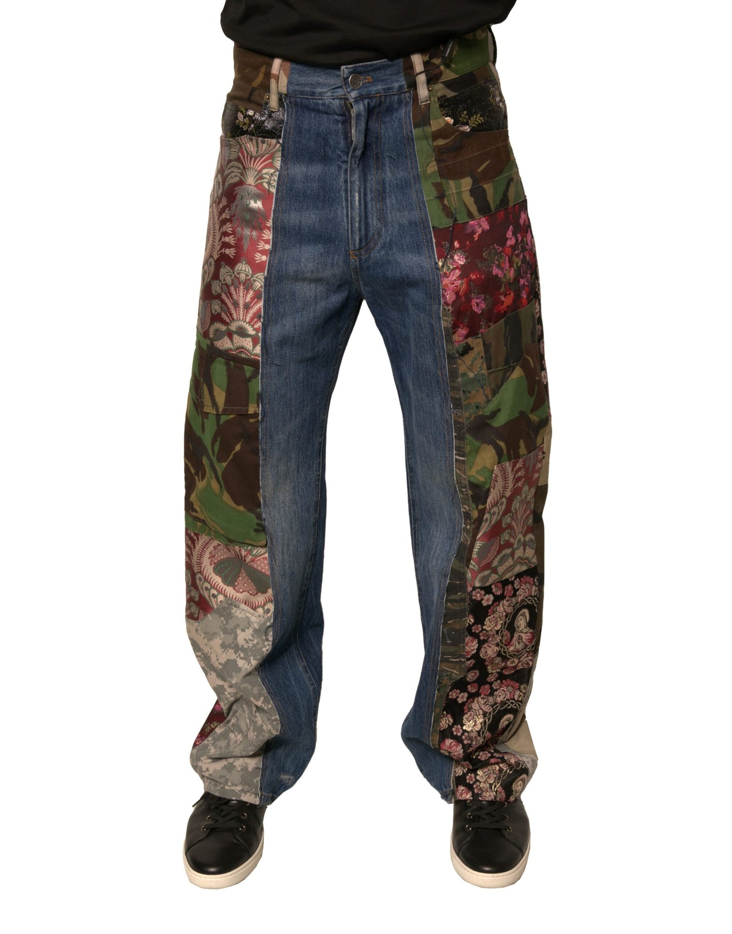 Blaue Patchwork-Jeans aus Baumwoll-Straight-Denim