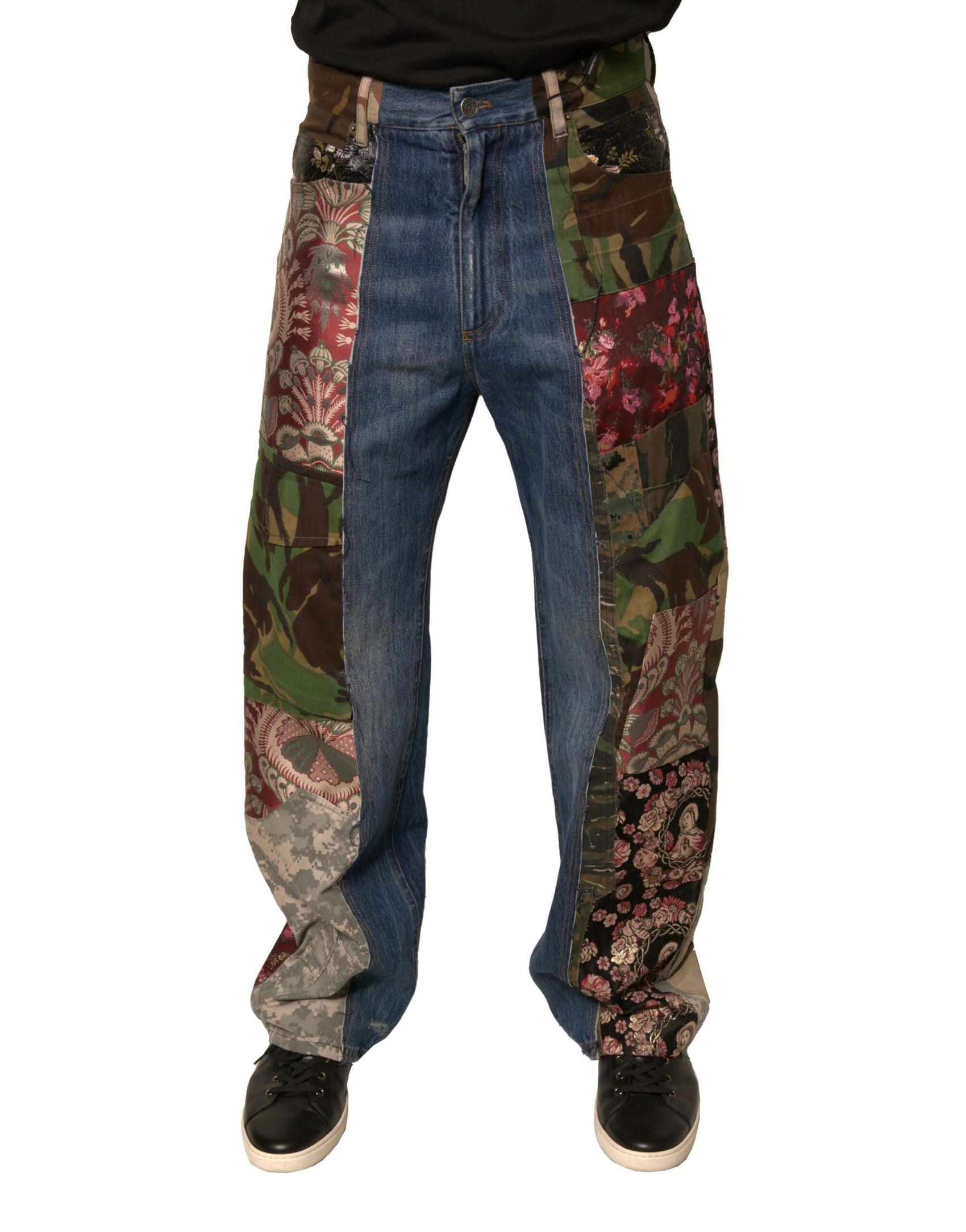 Blaue Patchwork-Jeans aus Baumwoll-Straight-Denim