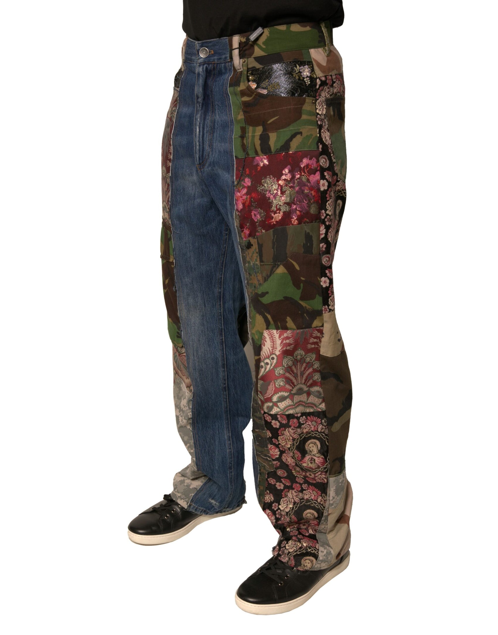 Blaue Patchwork-Jeans aus Baumwoll-Straight-Denim