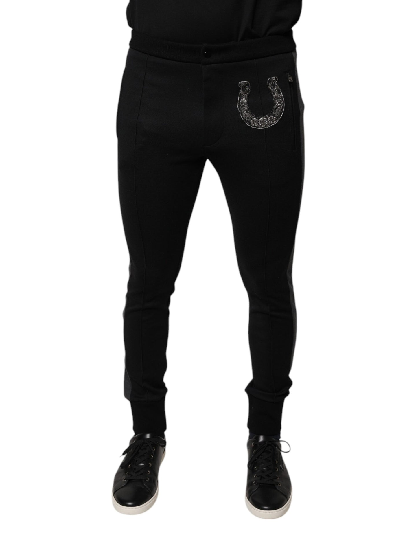 Schwarze Slim Fit-Hose aus Wolle mit Hufeisenverzierung