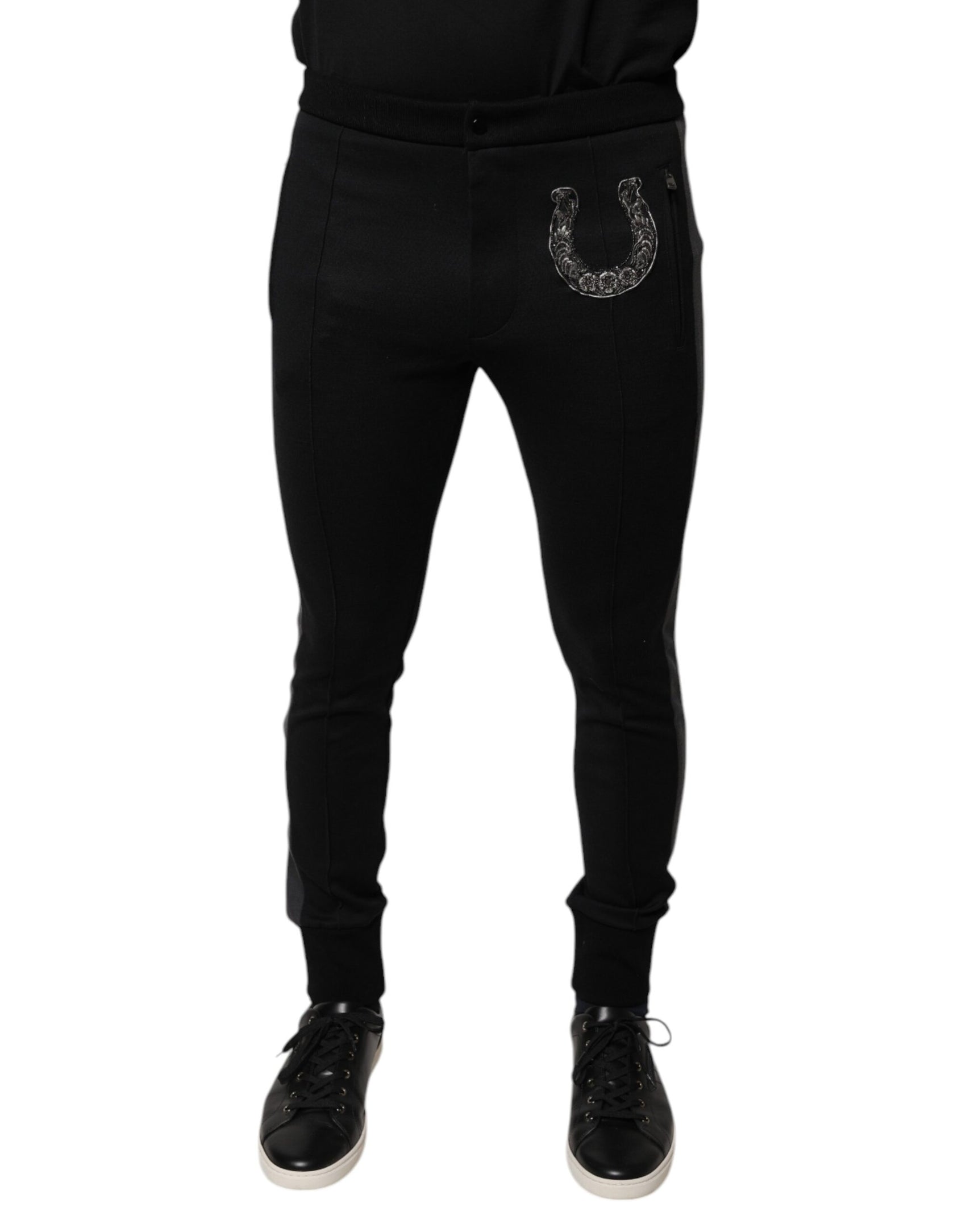 Schwarze Slim Fit-Hose aus Wolle mit Hufeisenverzierung