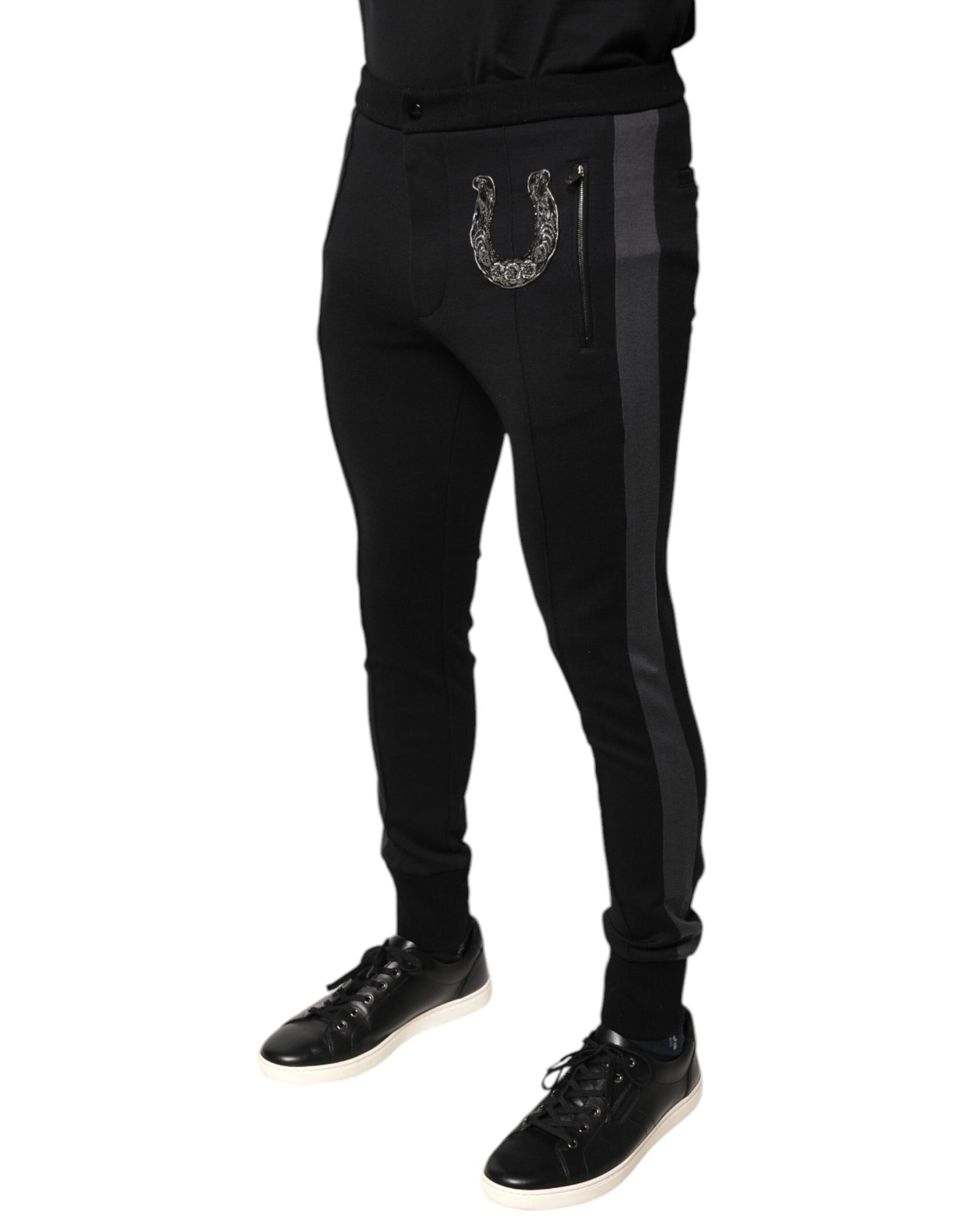 Schwarze Slim Fit-Hose aus Wolle mit Hufeisenverzierung