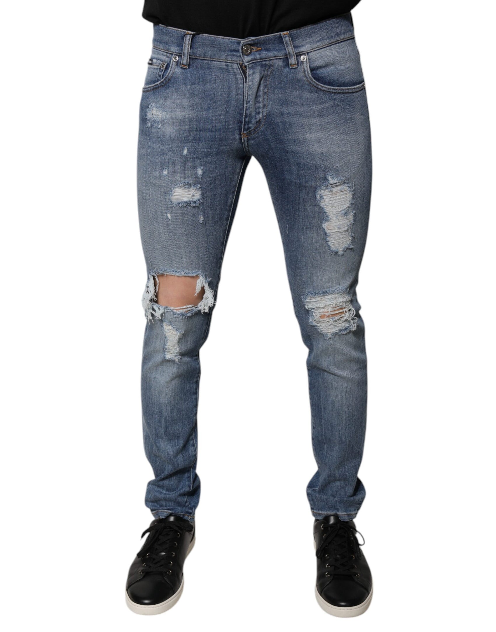 Blaue Skinny-Jeans aus zerfetztem Baumwollstretch