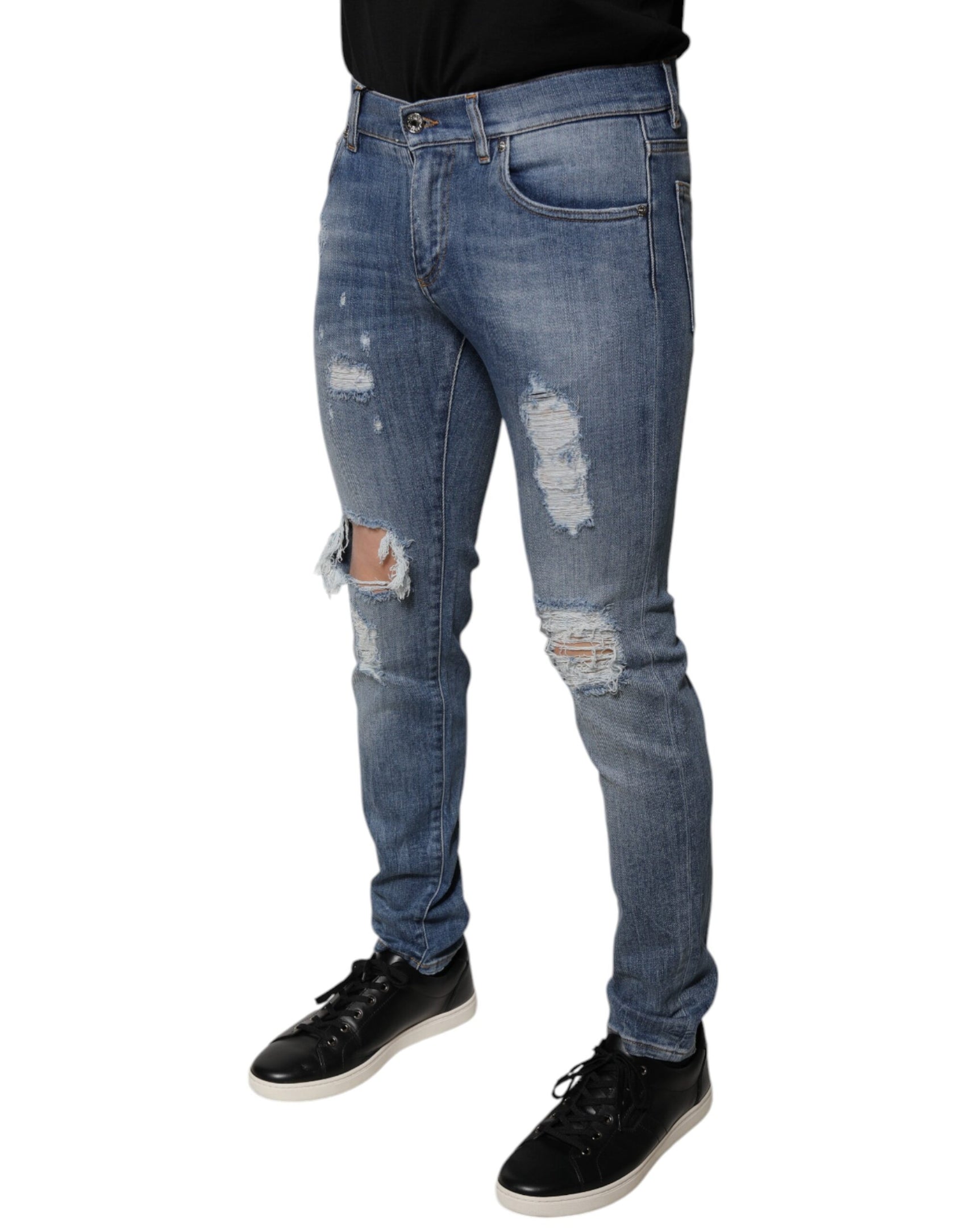 Blaue Skinny-Jeans aus zerfetztem Baumwollstretch