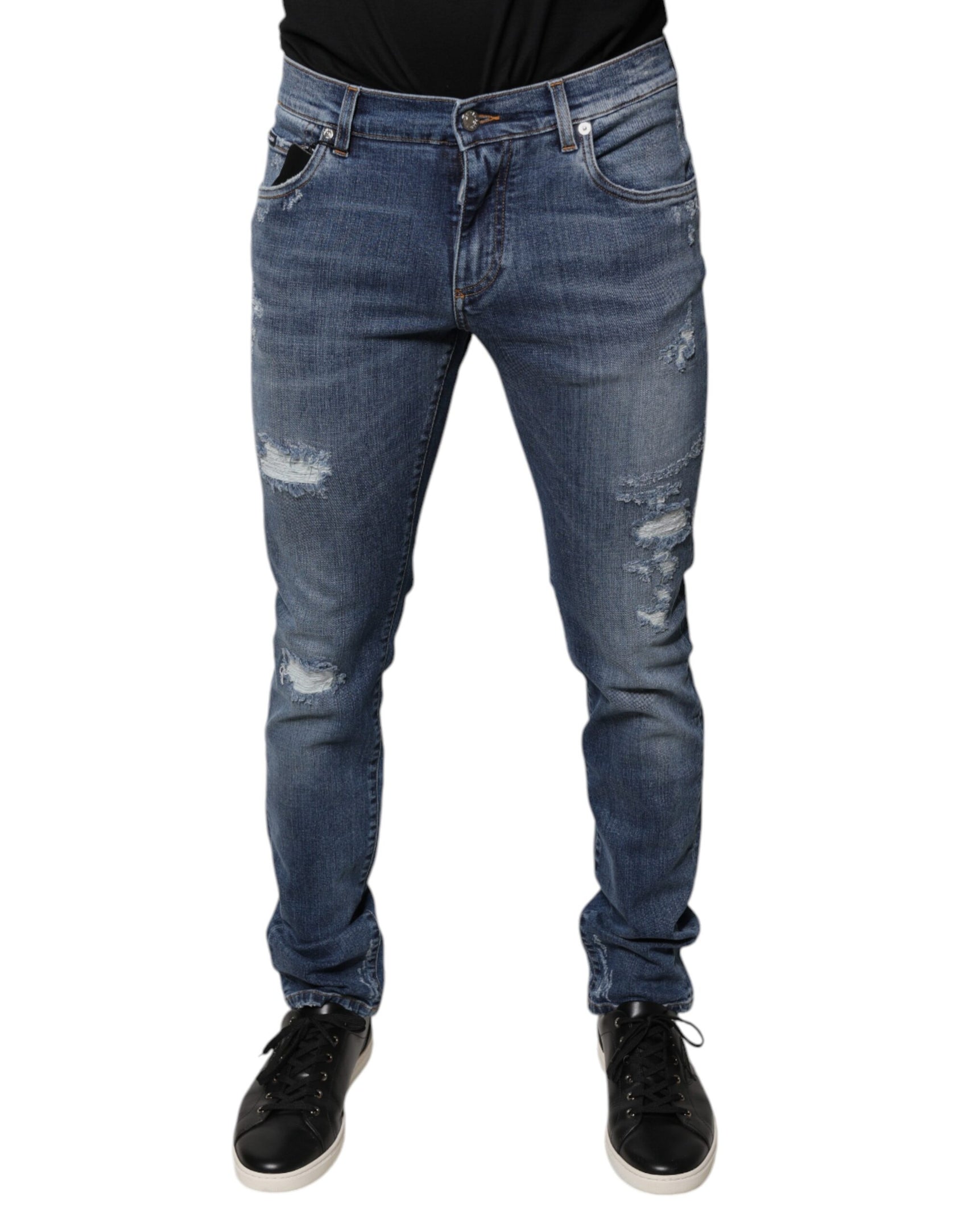 Blaue Skinny-Jeans aus zerfetztem Baumwollstretch