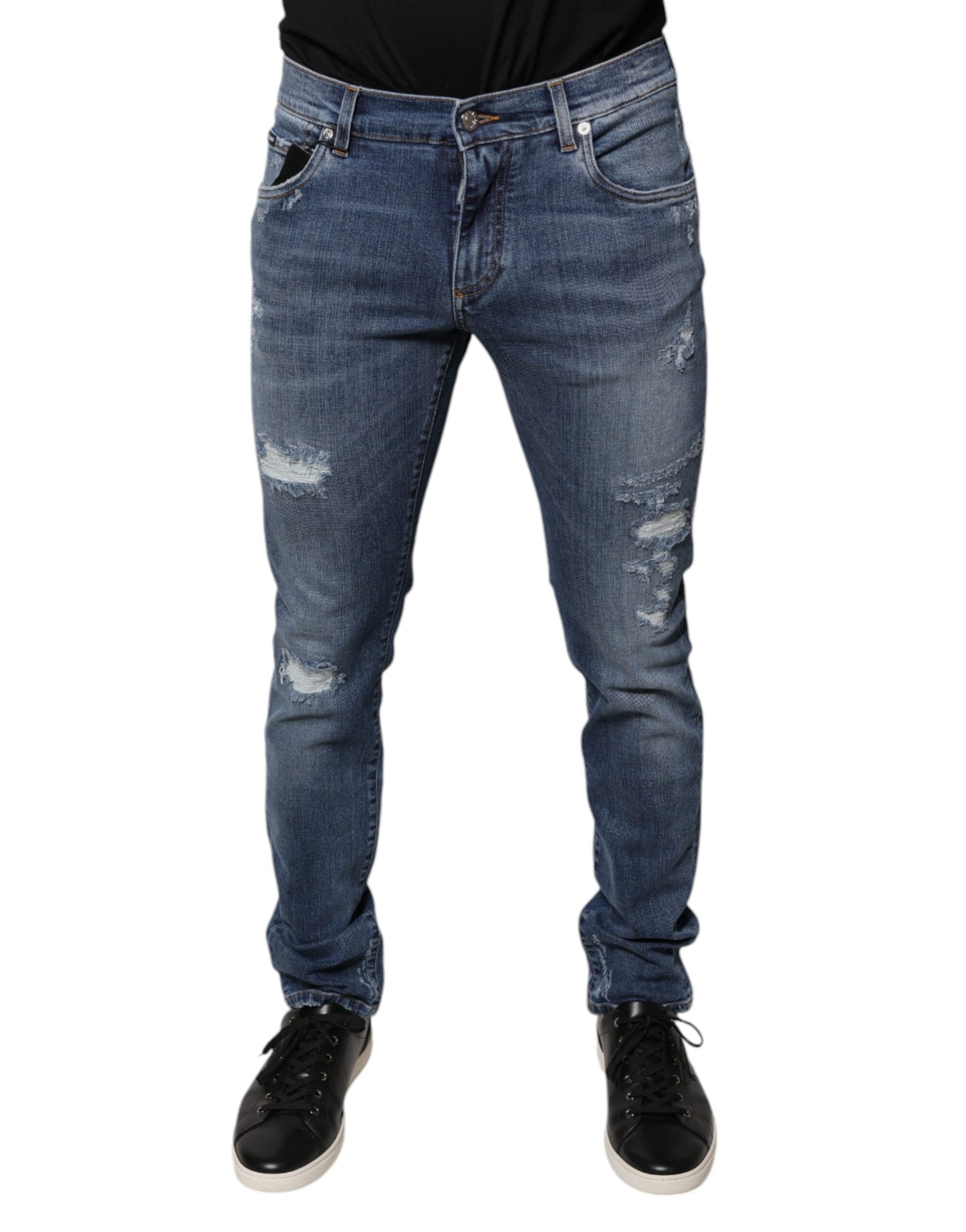 Blaue Skinny-Jeans aus zerfetztem Baumwollstretch