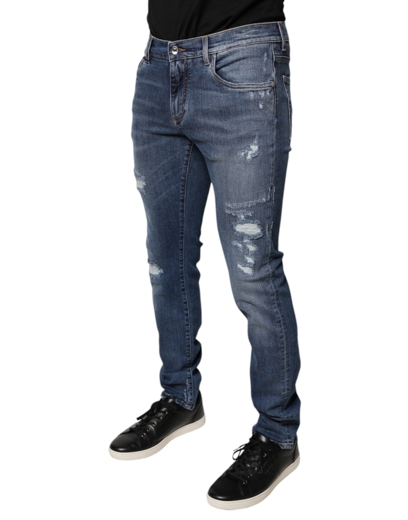 Blaue Skinny-Jeans aus zerfetztem Baumwollstretch