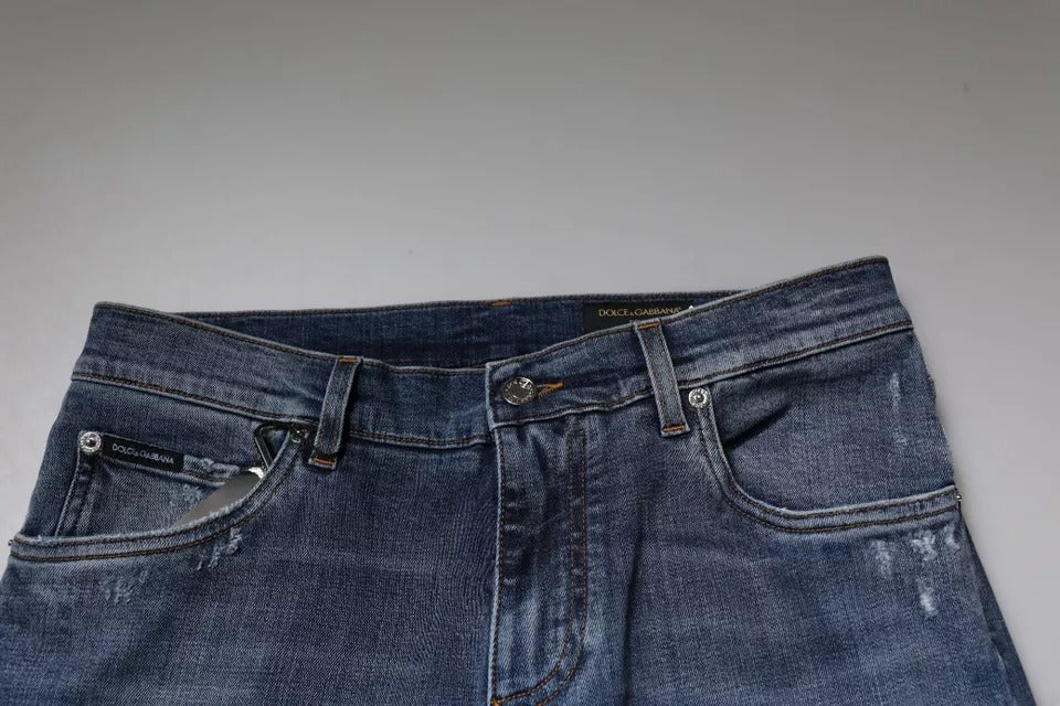 Blaue Skinny-Jeans aus zerfetztem Baumwollstretch