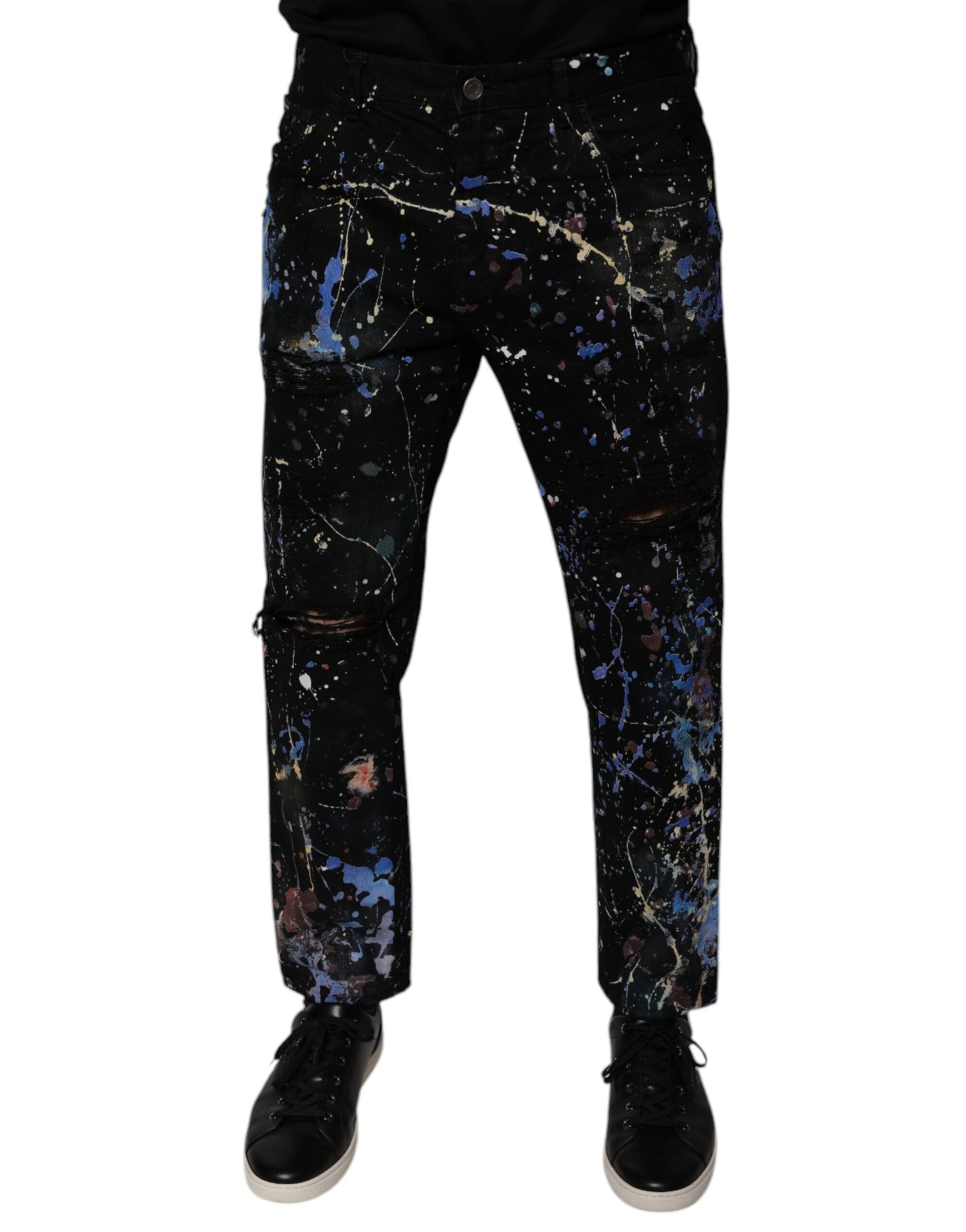 Schwarze Skinny-Jeans aus Baumwoll-Denim mit Farbspritzern