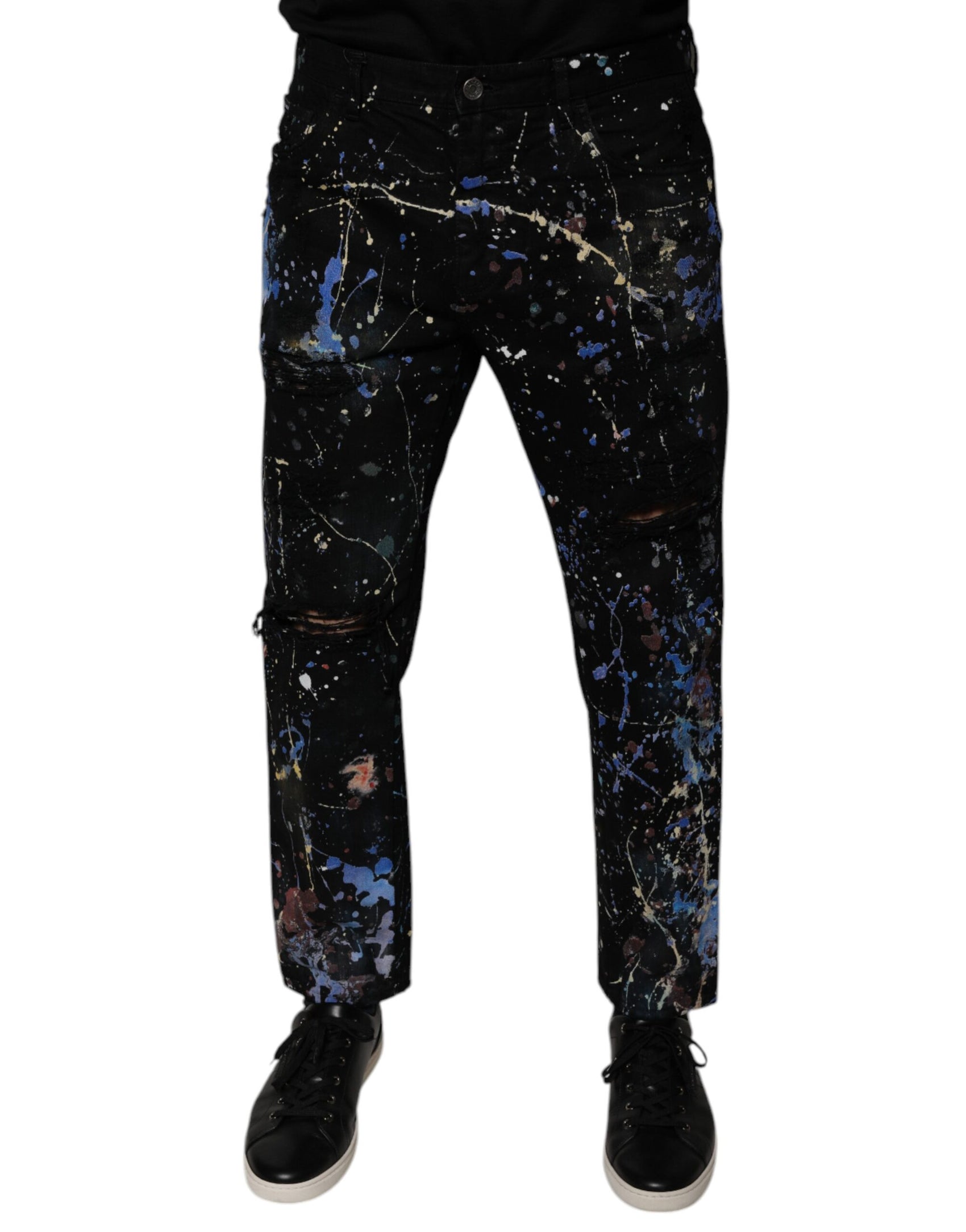 Schwarze Skinny-Jeans aus Baumwoll-Denim mit Farbspritzern