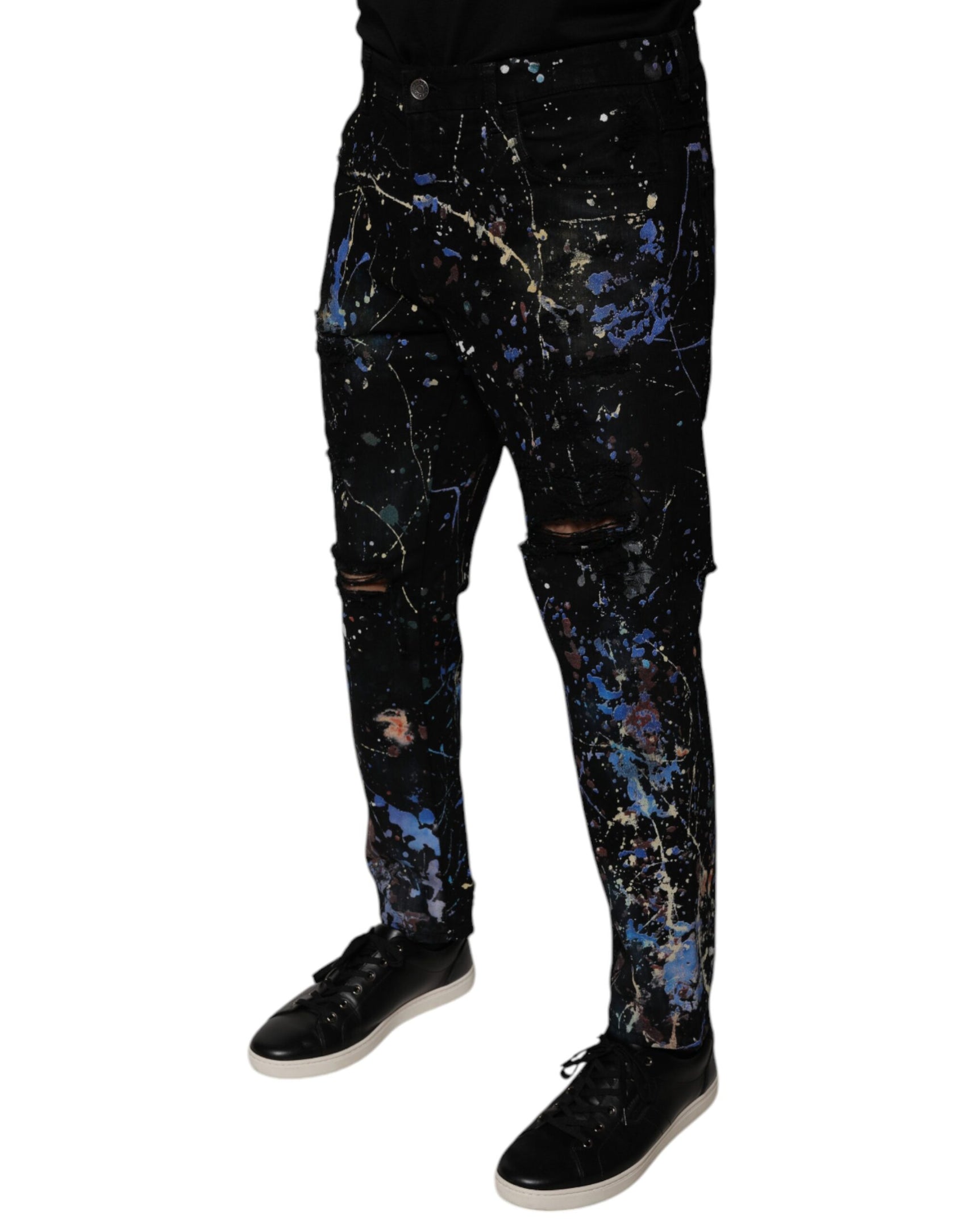 Schwarze Skinny-Jeans aus Baumwoll-Denim mit Farbspritzern