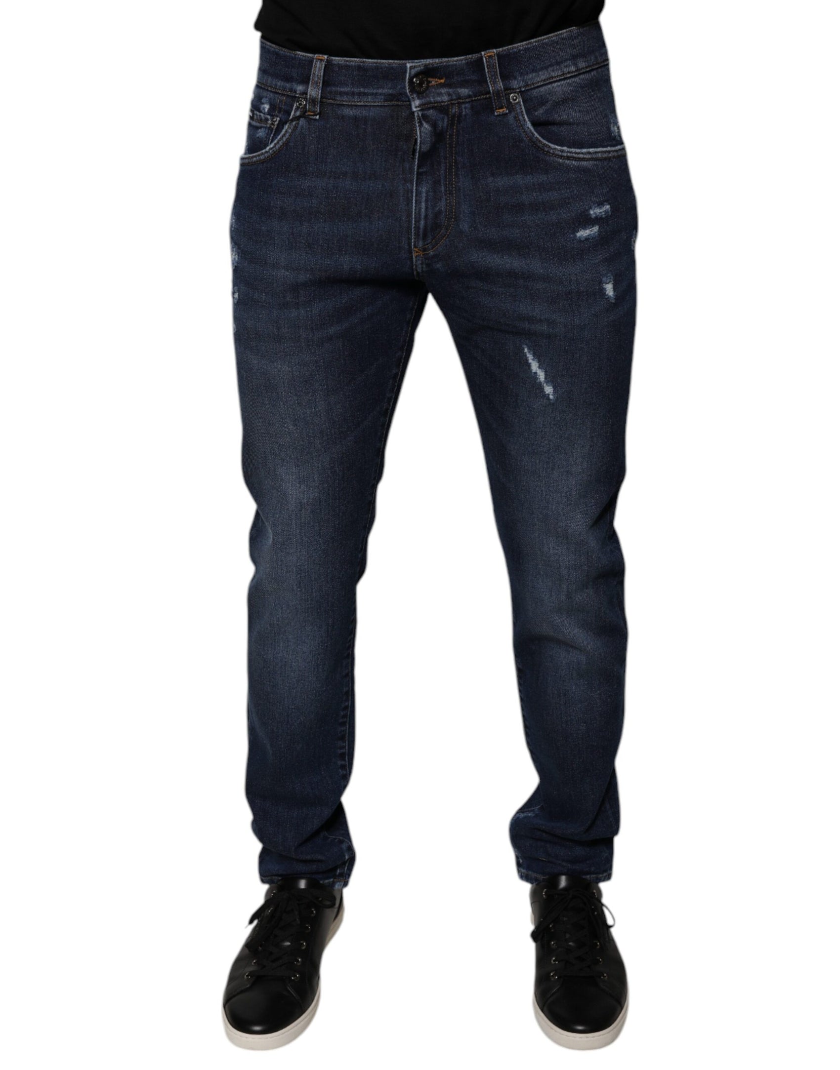 Dunkelblaue Skinny-Jeans aus Baumwoll-Logo