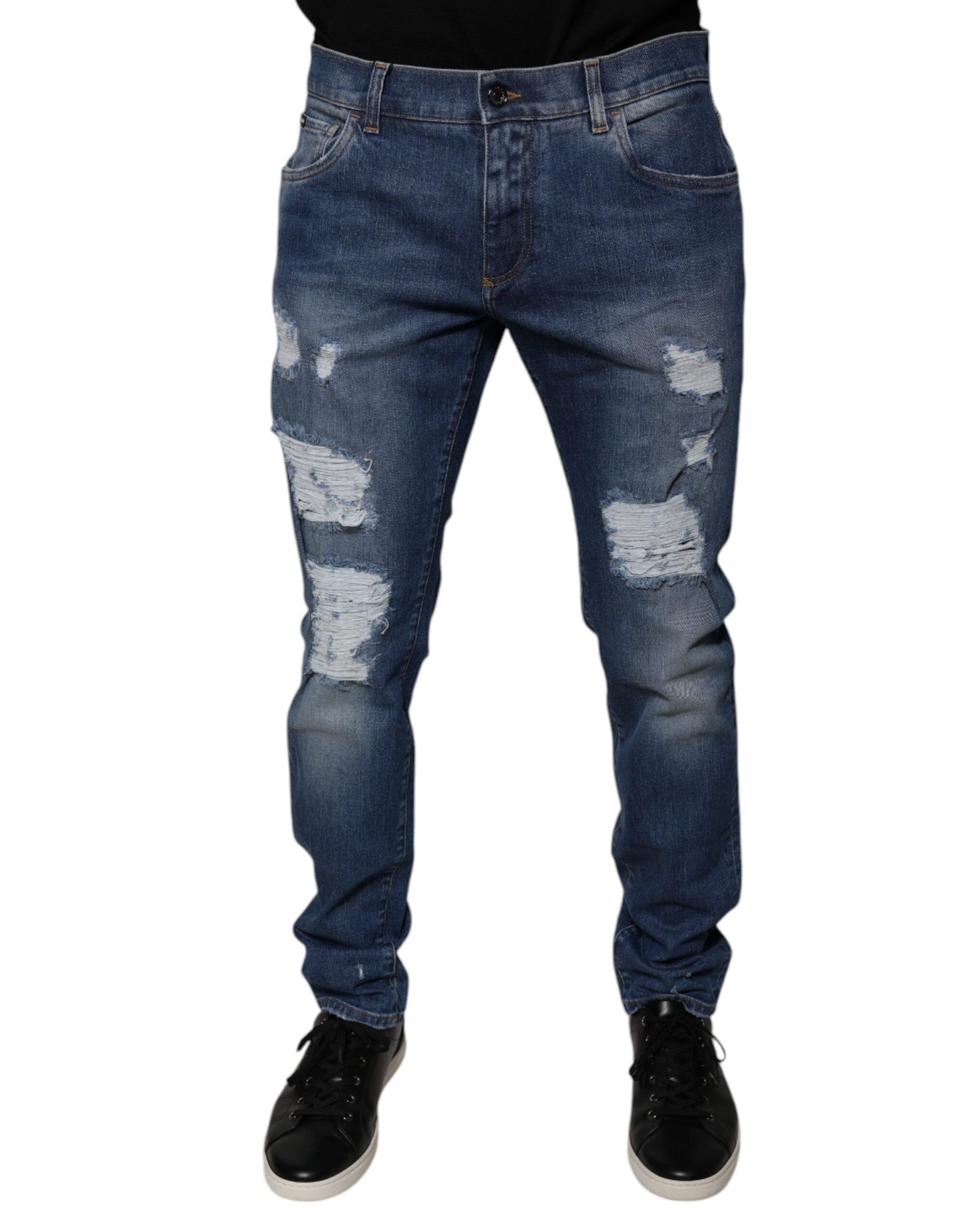 Blaue Skinny-Jeans aus zerfetzter Baumwolle