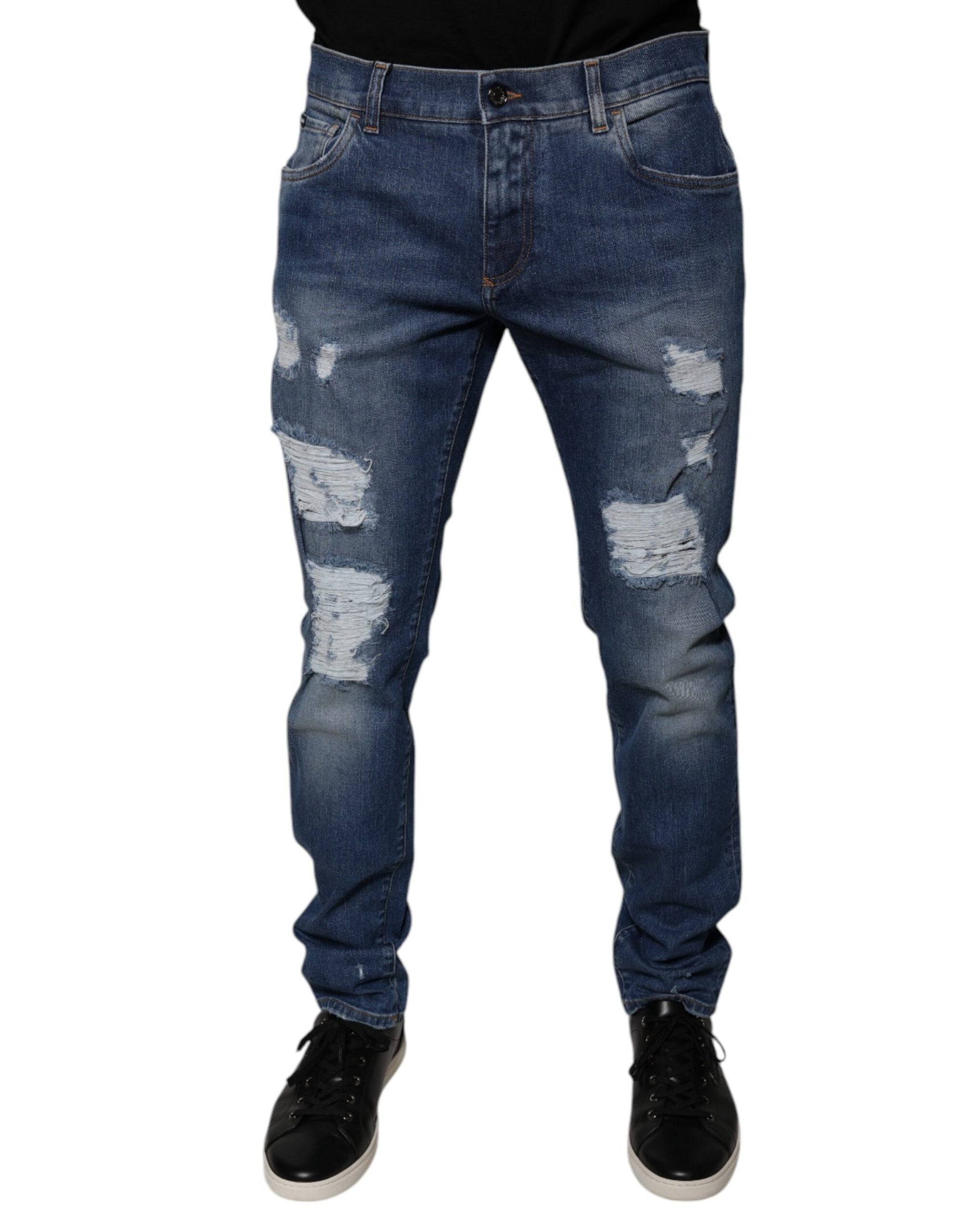 Blaue Skinny-Jeans aus zerfetzter Baumwolle