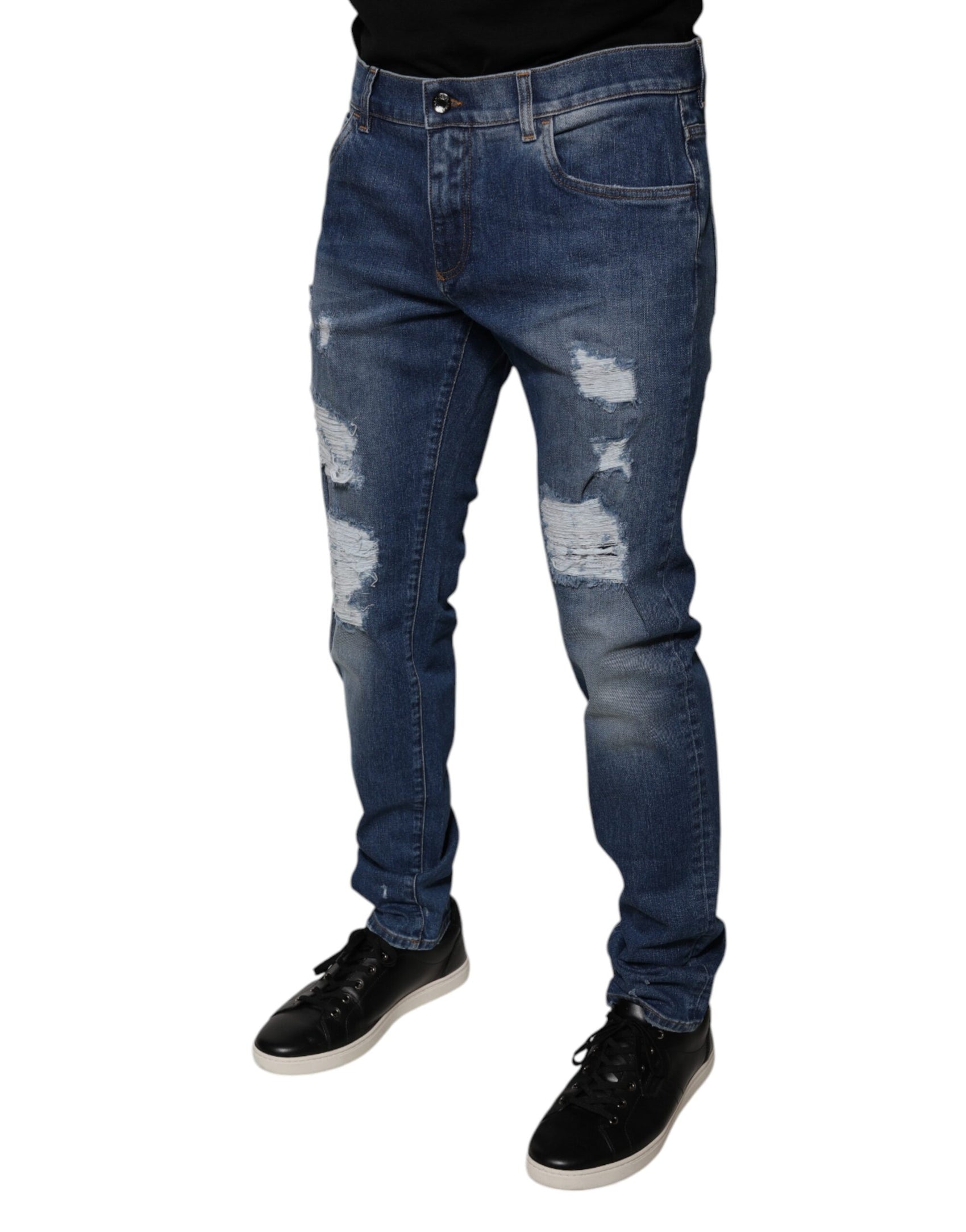 Blaue Skinny-Jeans aus zerfetzter Baumwolle