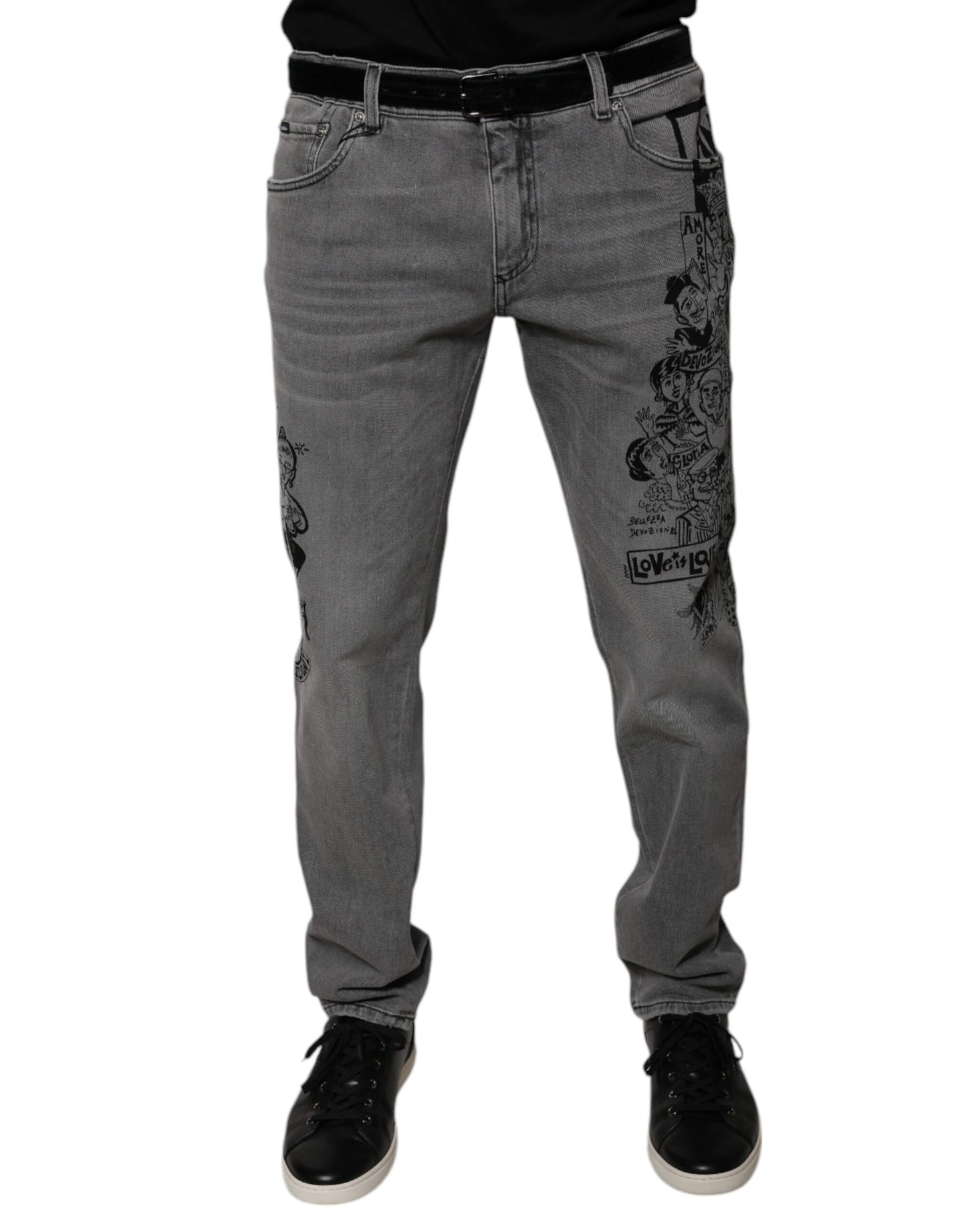 Graue Skinny-Jeans aus Baumwolle mit Grafikdruck