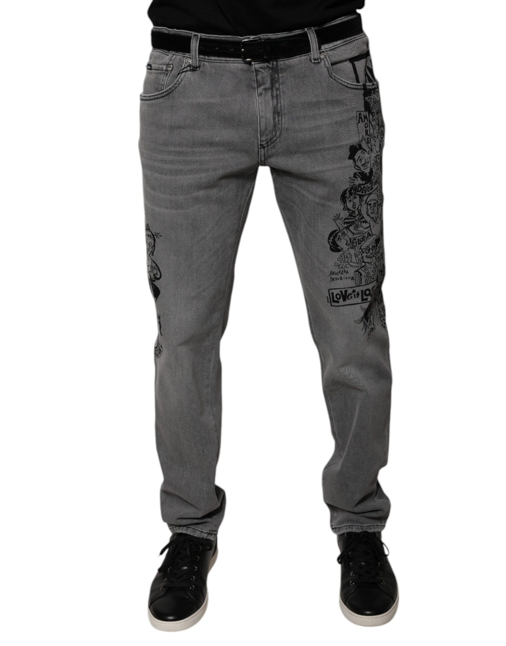 Graue Skinny-Jeans aus Baumwolle mit Grafikdruck