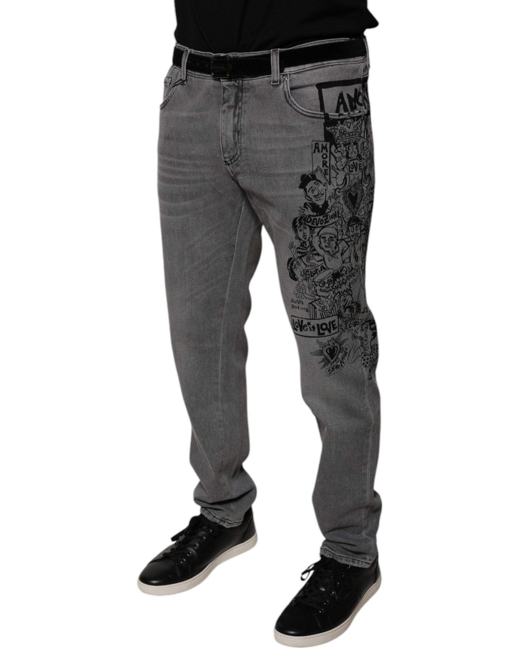 Graue Skinny-Jeans aus Baumwolle mit Grafikdruck