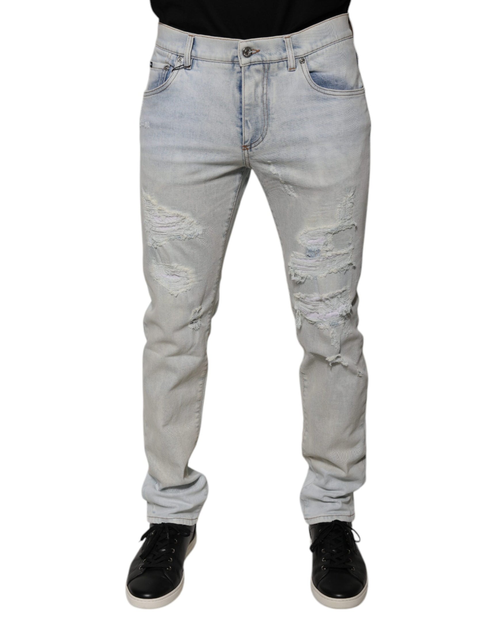 Hellblaue Skinny-Jeans aus zerschlissener Baumwollmischung