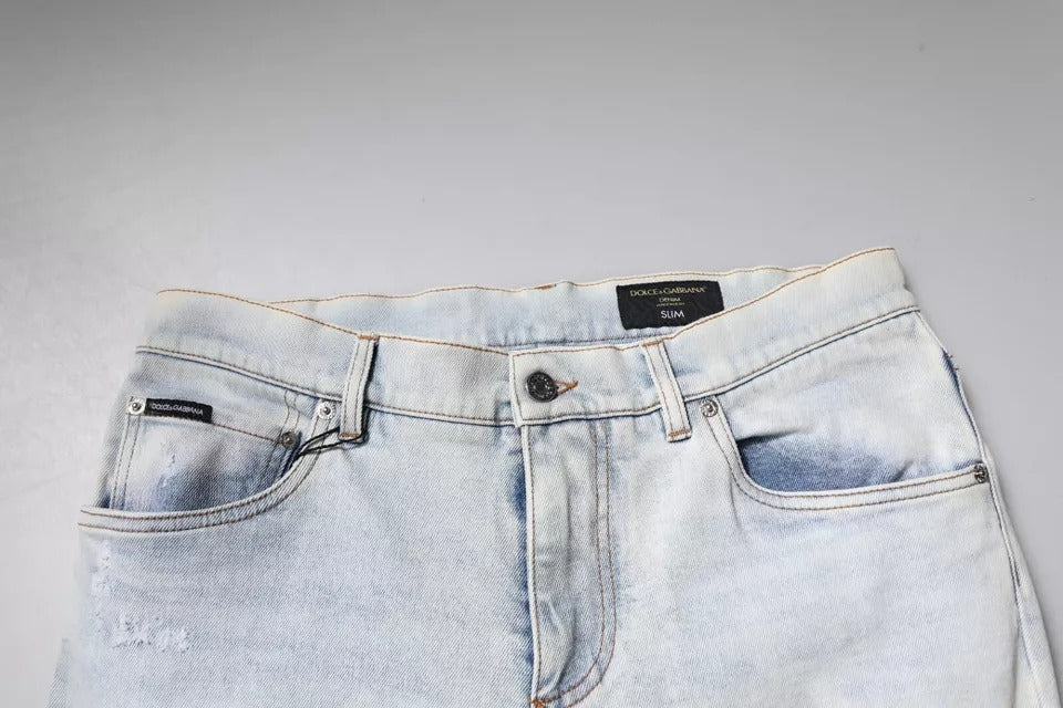 Hellblaue Skinny-Jeans aus zerschlissener Baumwollmischung