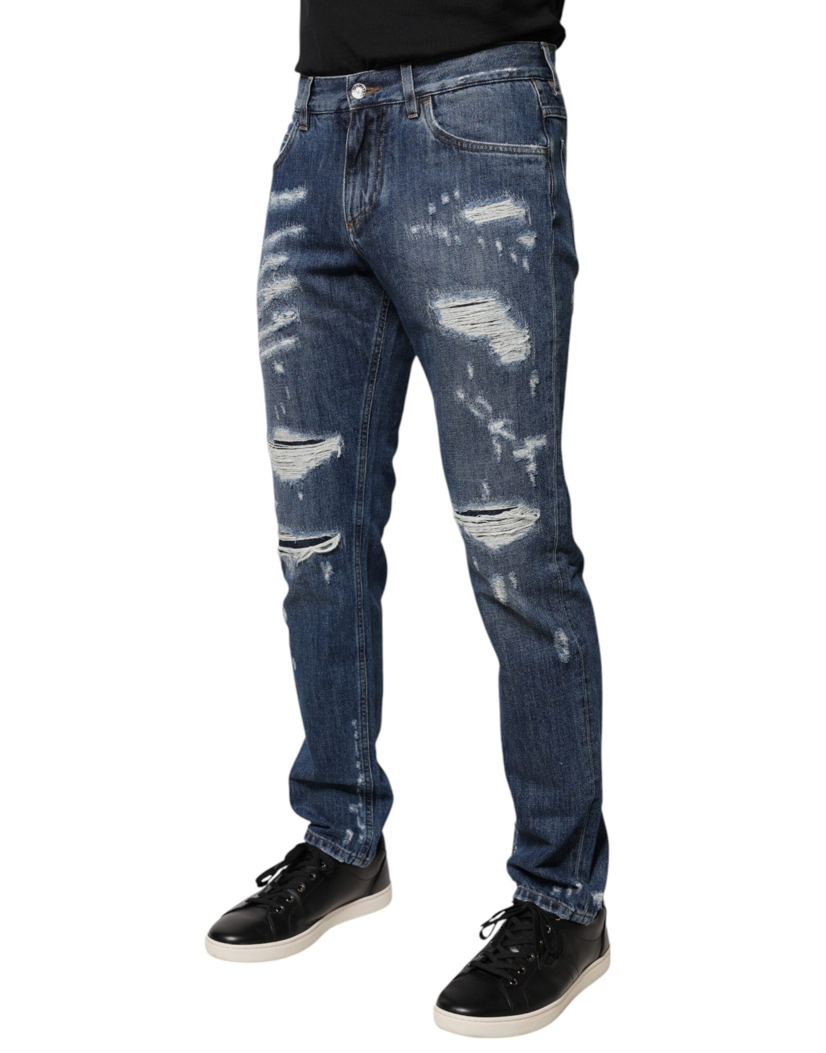 Blaue Skinny-Jeans aus zerfetzter Baumwolle