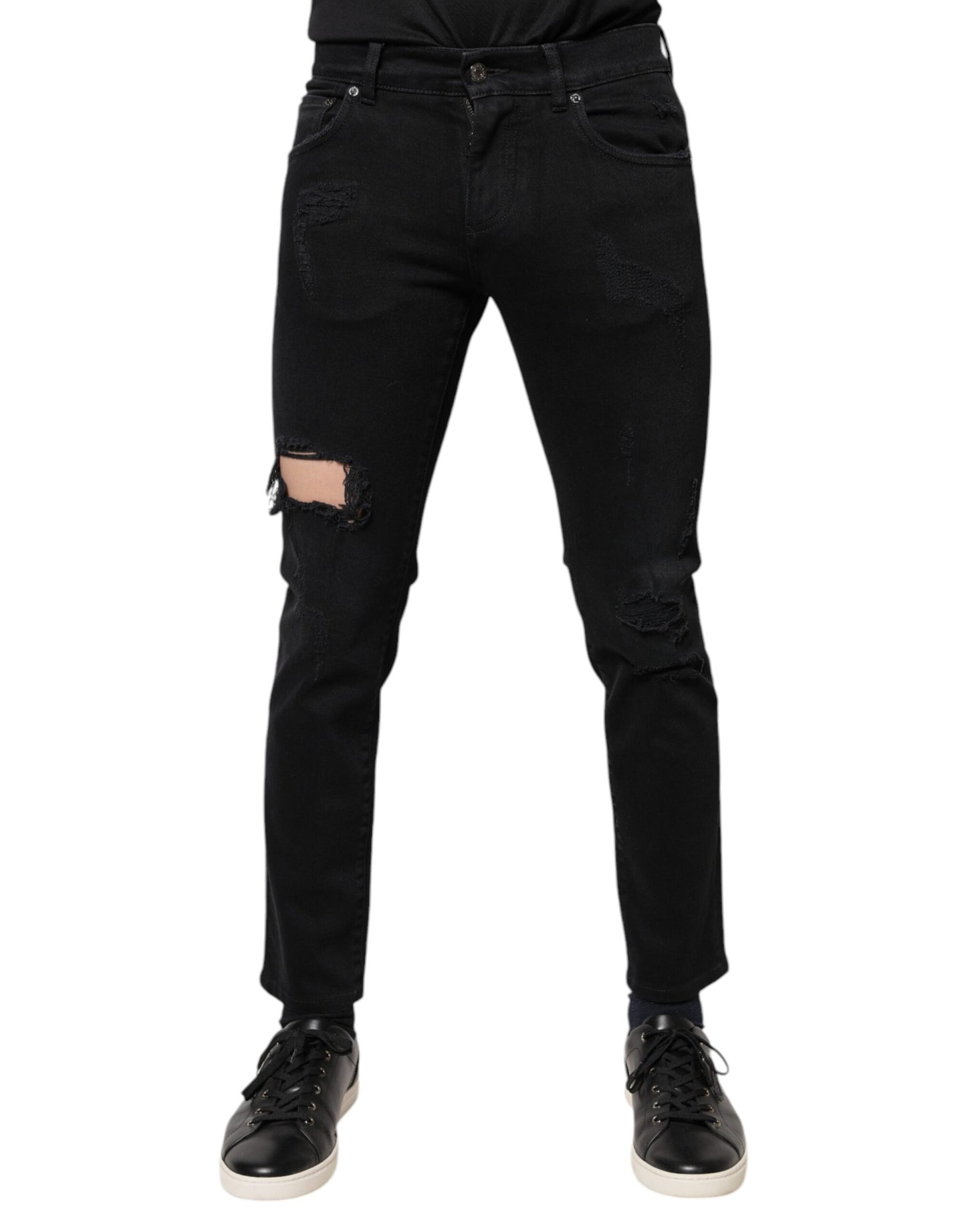 Schwarze Skinny-Jeans aus zerfetztem Baumwolldenim mit Logo