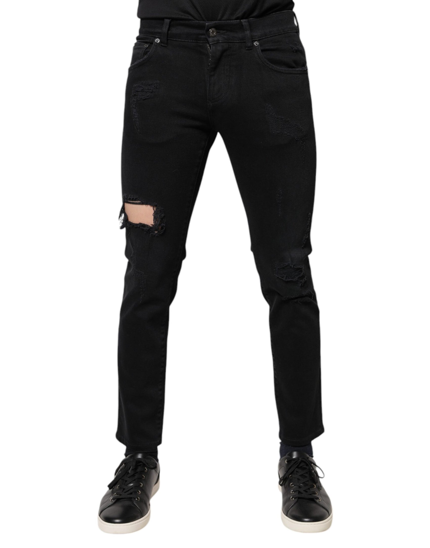 Schwarze Skinny-Jeans aus zerfetztem Baumwolldenim mit Logo