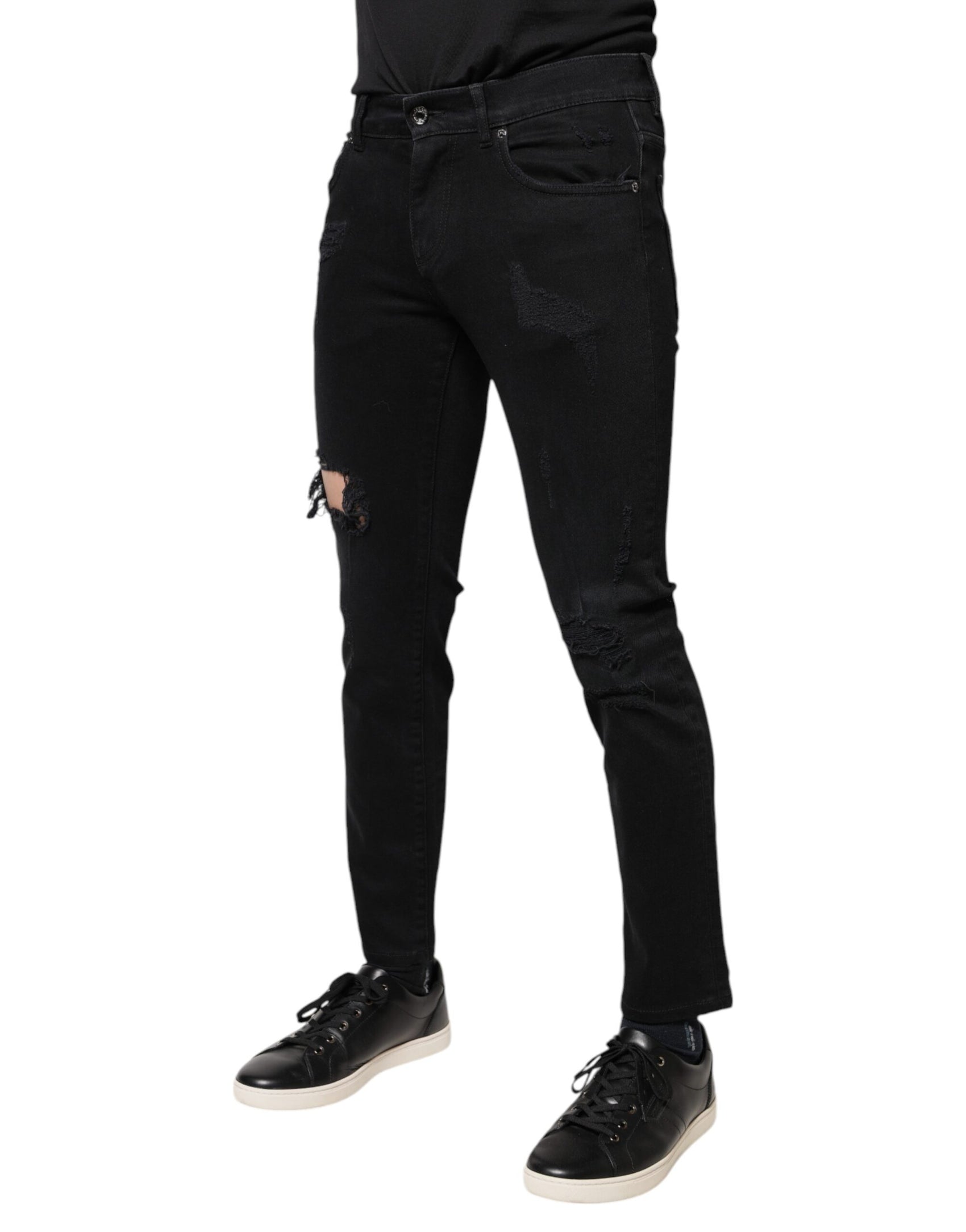 Schwarze Skinny-Jeans aus zerfetztem Baumwolldenim mit Logo