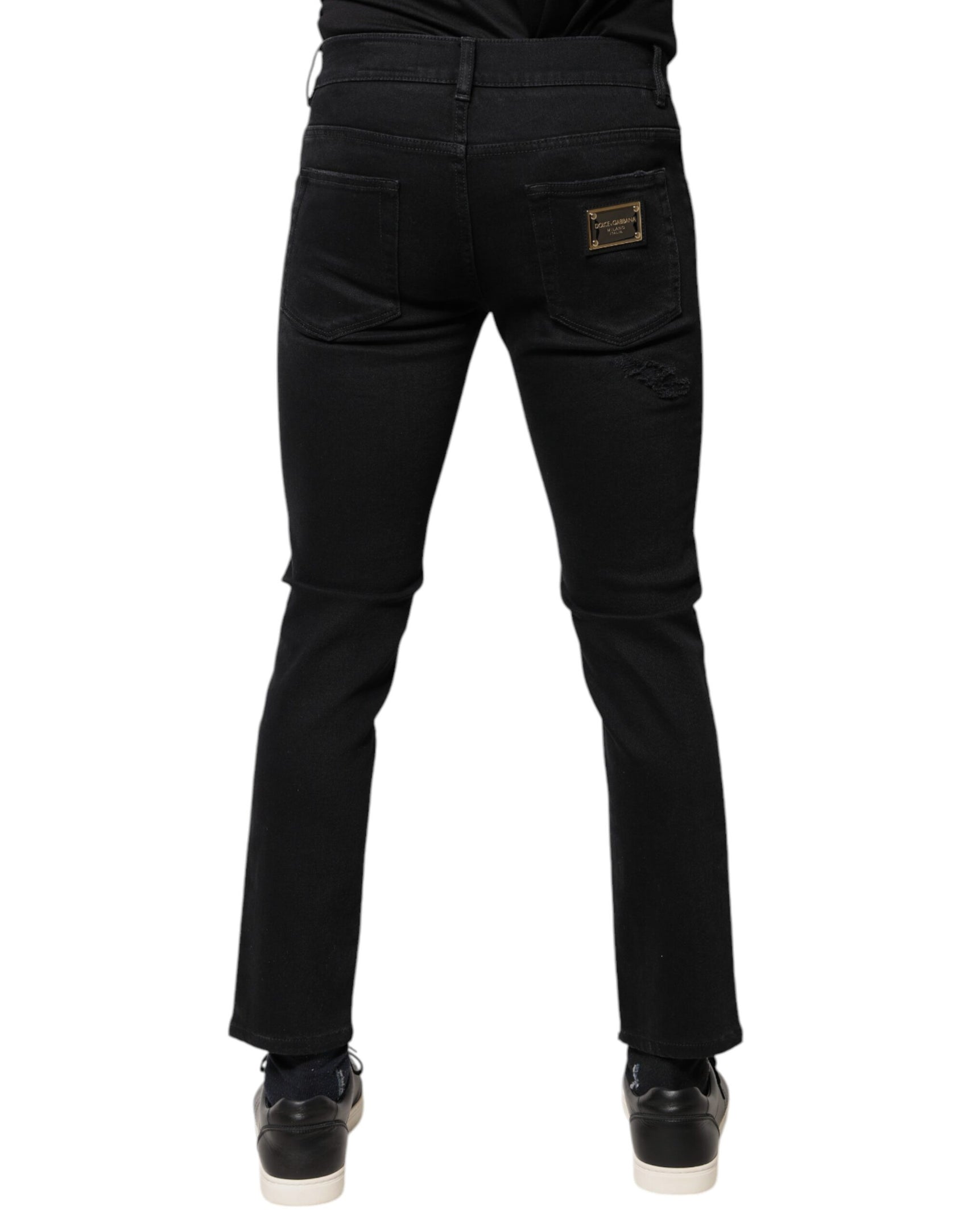 Schwarze Skinny-Jeans aus zerfetztem Baumwolldenim mit Logo
