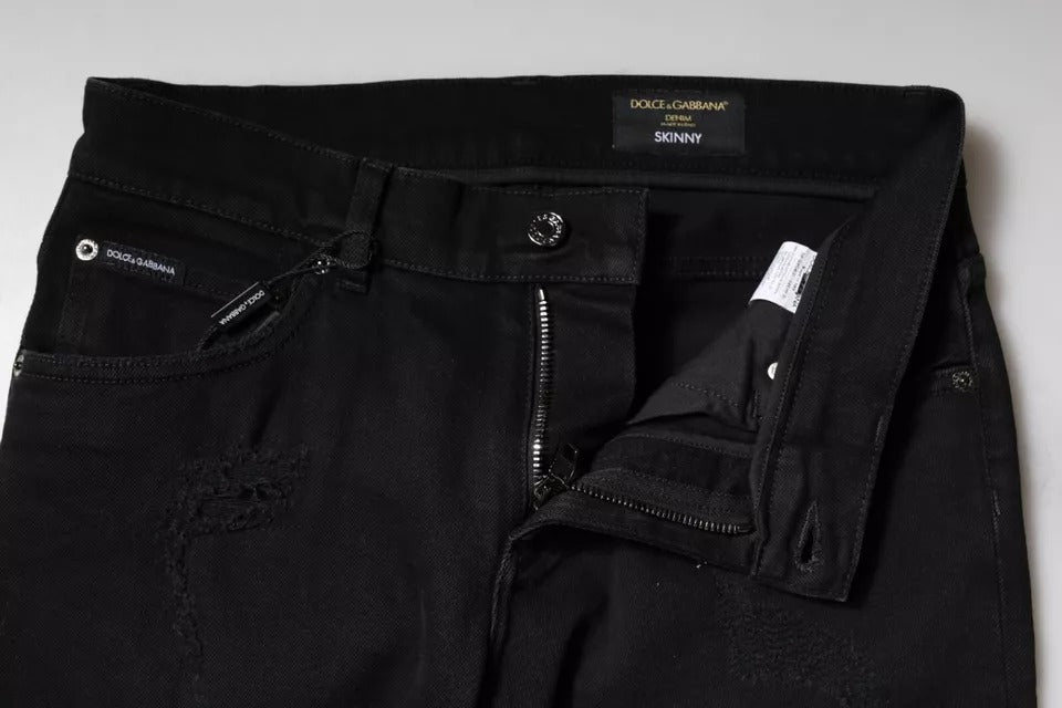 Schwarze Skinny-Jeans aus zerfetztem Baumwolldenim mit Logo