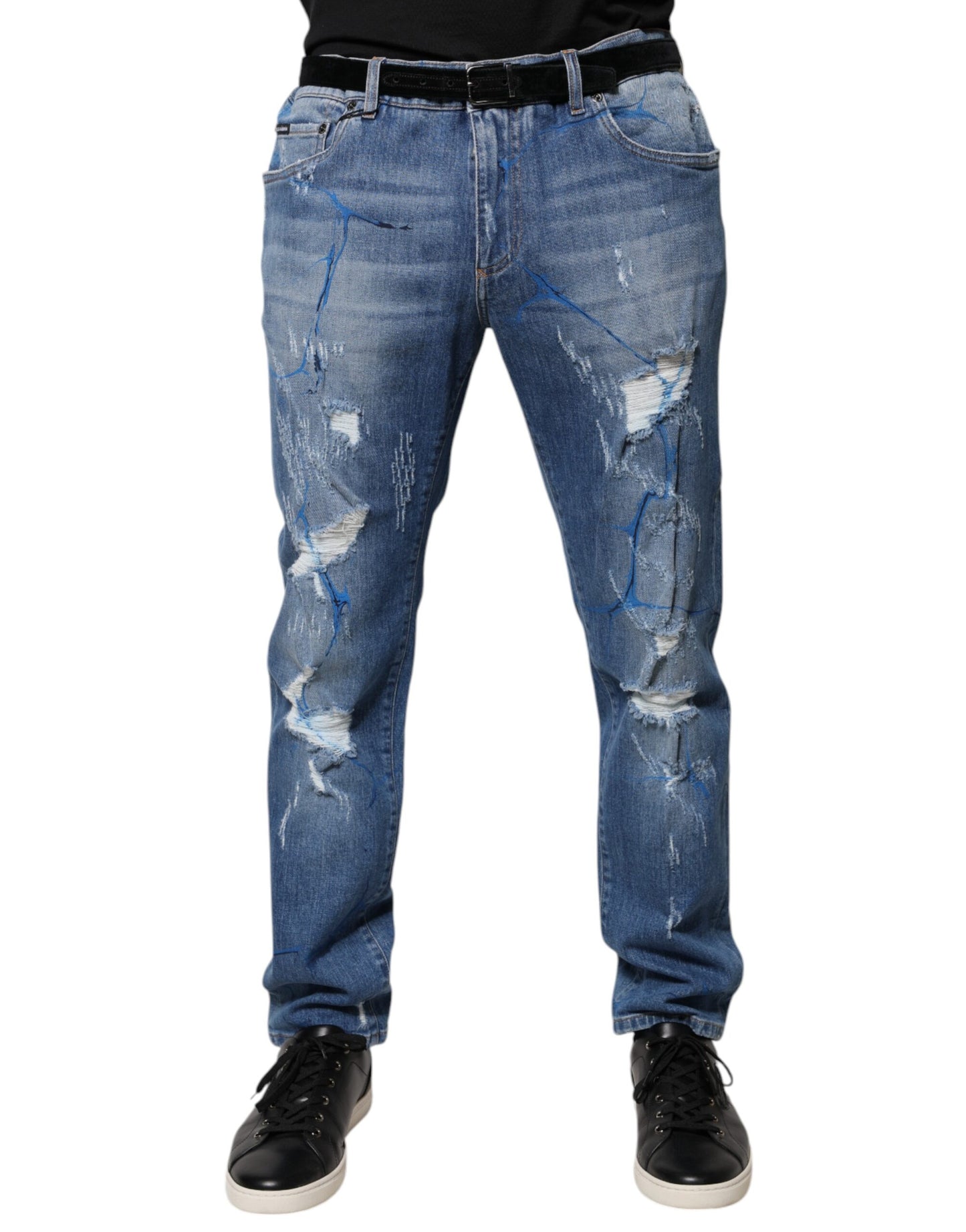 Blaue Skinny-Jeans aus zerfetztem Baumwollstretch