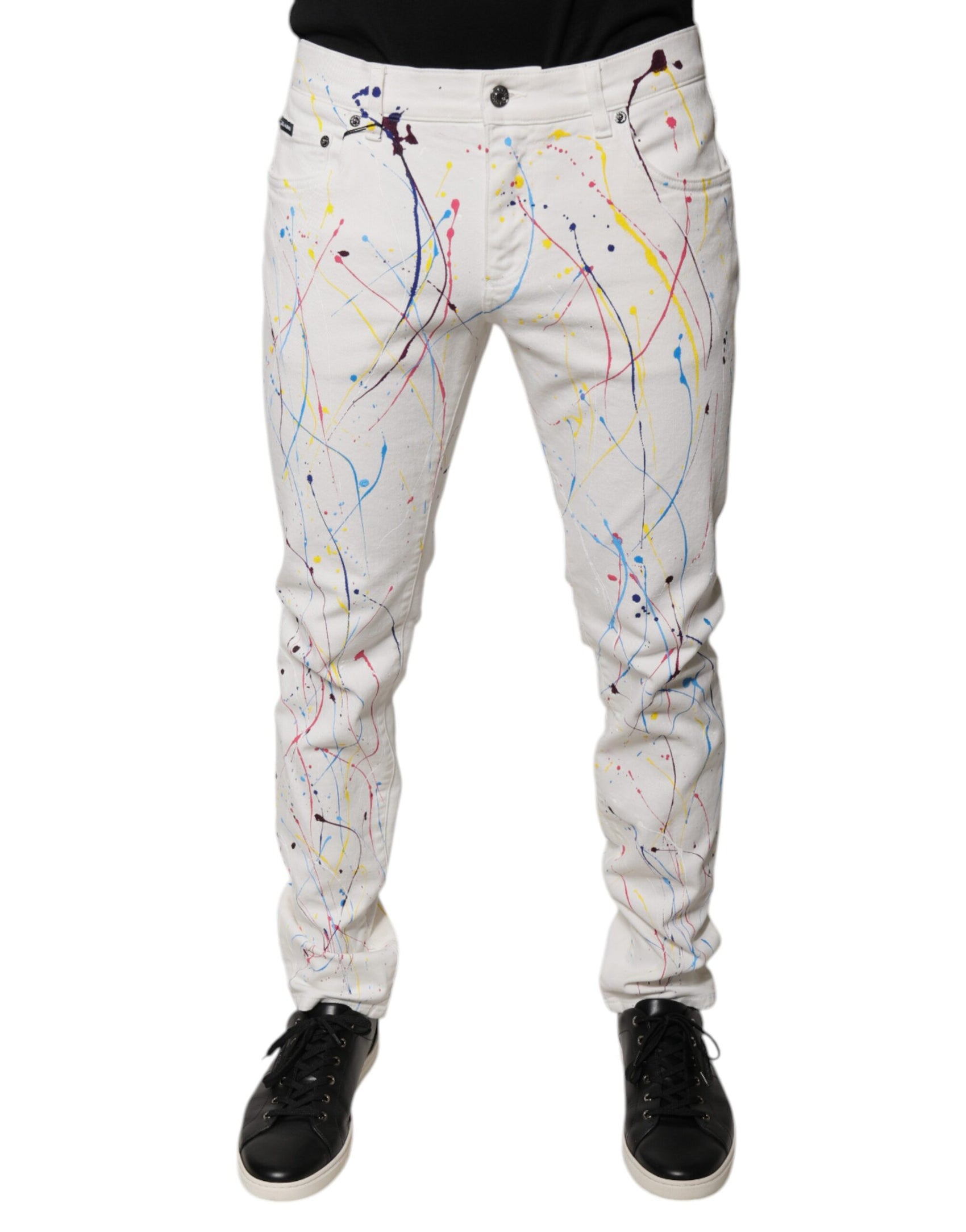 Weiße Skinny-Jeans mit Farbspritzer-Print