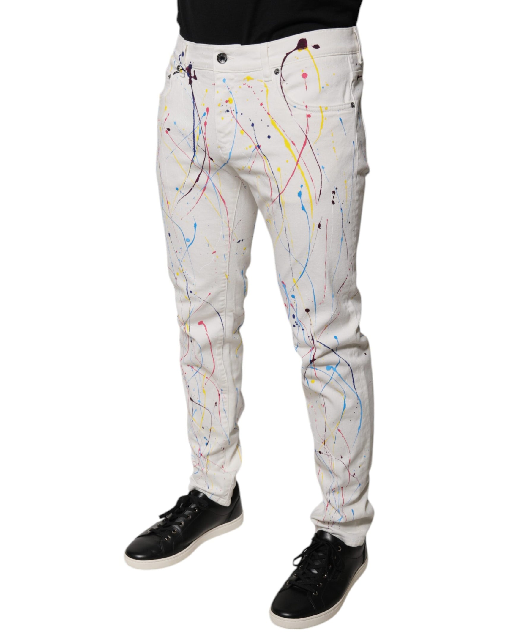 Weiße Skinny-Jeans mit Farbspritzer-Print